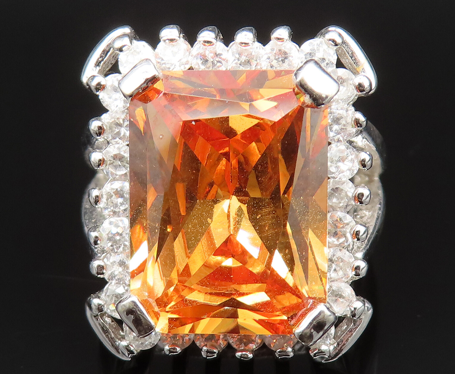 925 Sterling Silver Vintage Square Citrine & Cubic Zirconia Ring Sz 7 RG25388