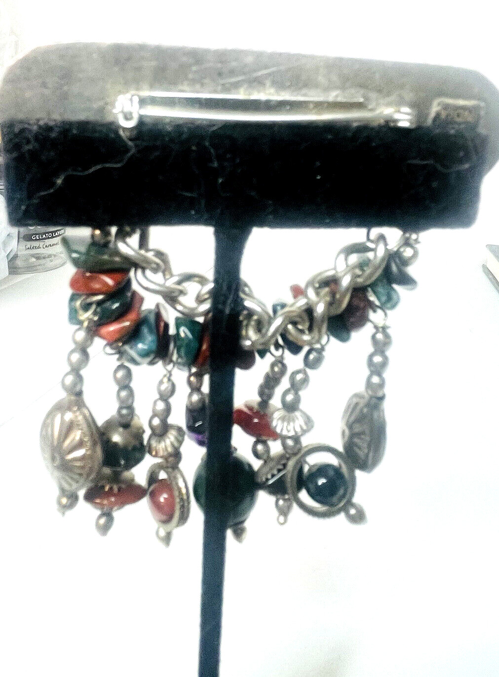 Vintage Hand Crafted Brooch Genuine Stone Chunks Unknown Metal Made In India