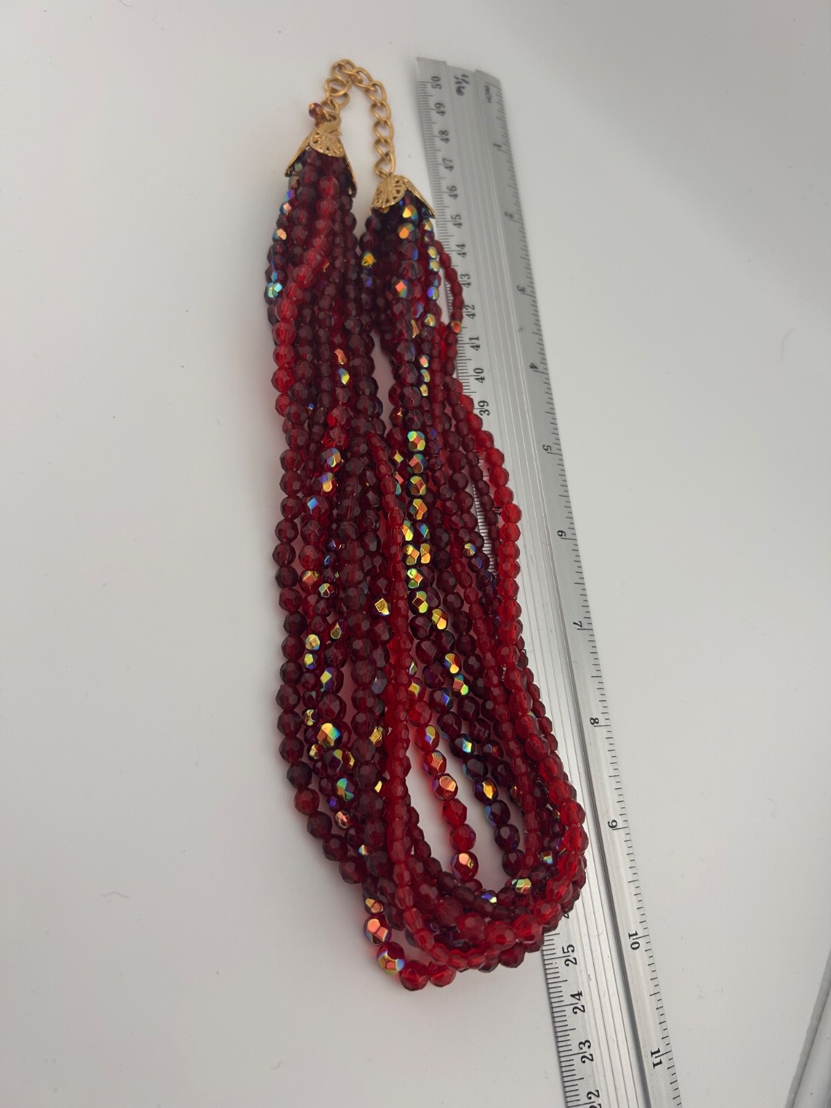 Vintage iridescent and solid red burgundy ruby 9 strand necklace