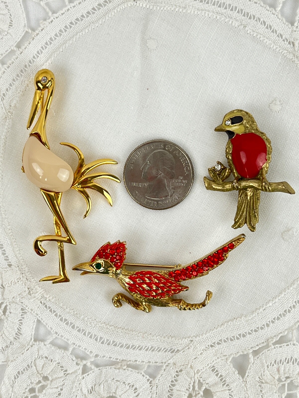 Lot of 3 Gold Tone Bird Brooches Pins Jelly Belly Rhinestones Red Orange Cream