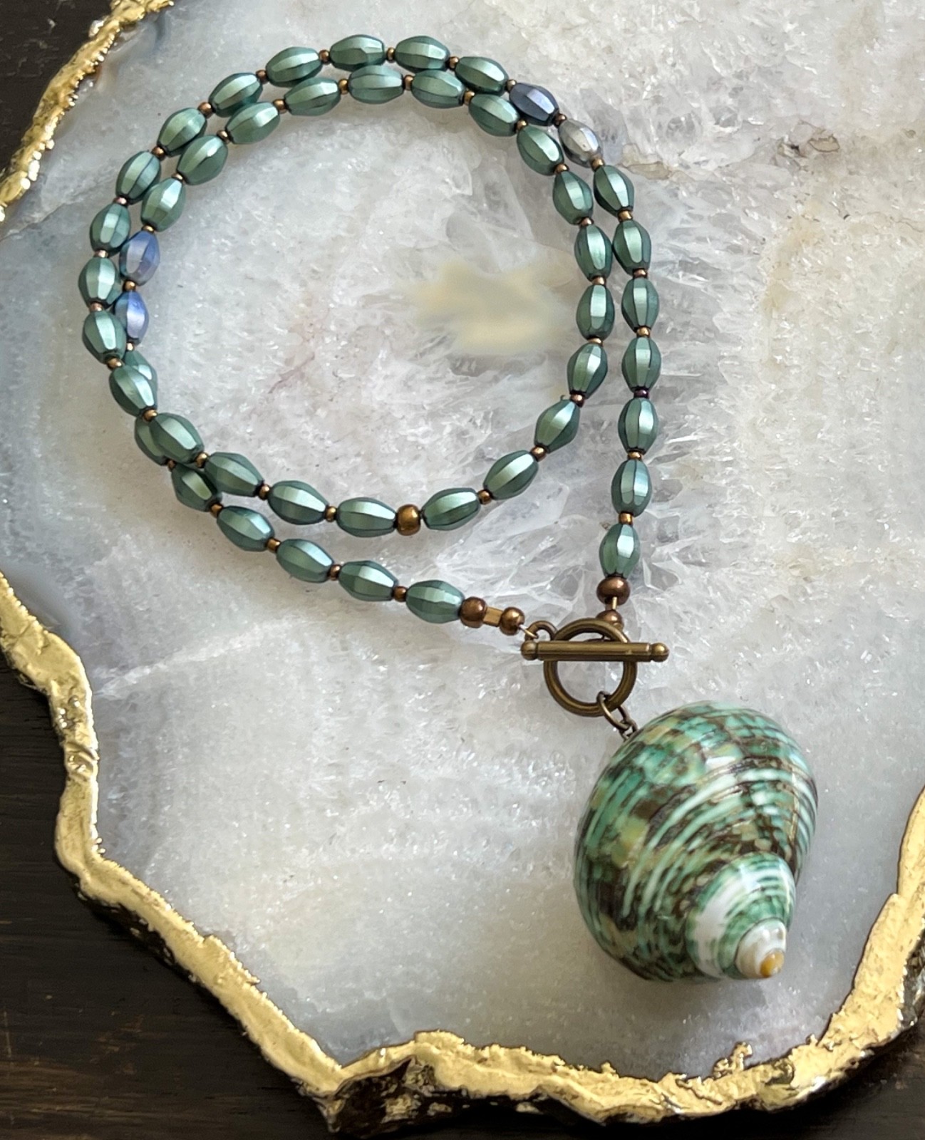 Artisan Necklace Sea Green Turbo Shell Seashell Pendant Pearly Green Beads