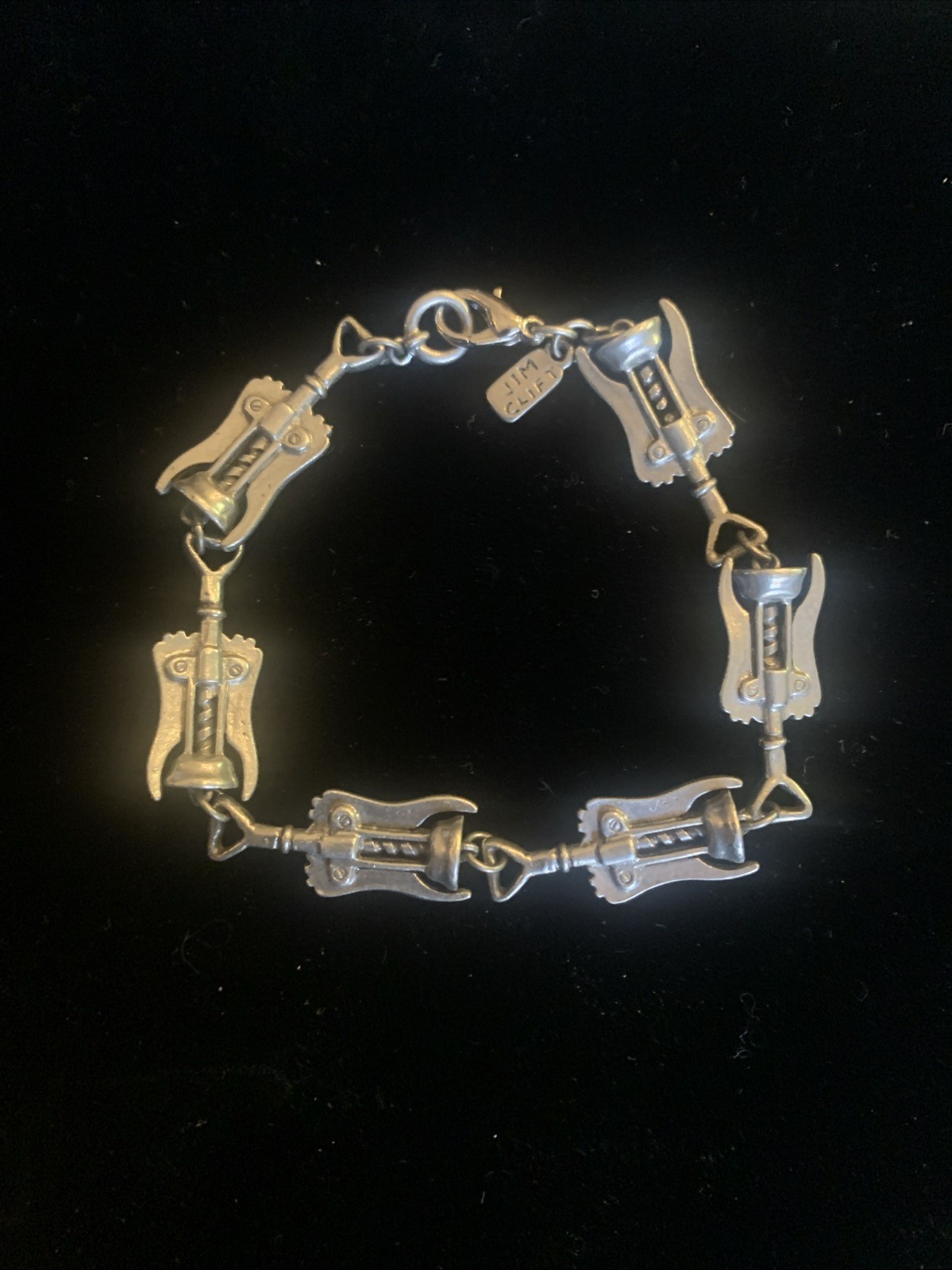 Vtg Signed Jim Clift Pewter Fun Wine Lover Theme Charm Bracelet 8″ – Corkscrews