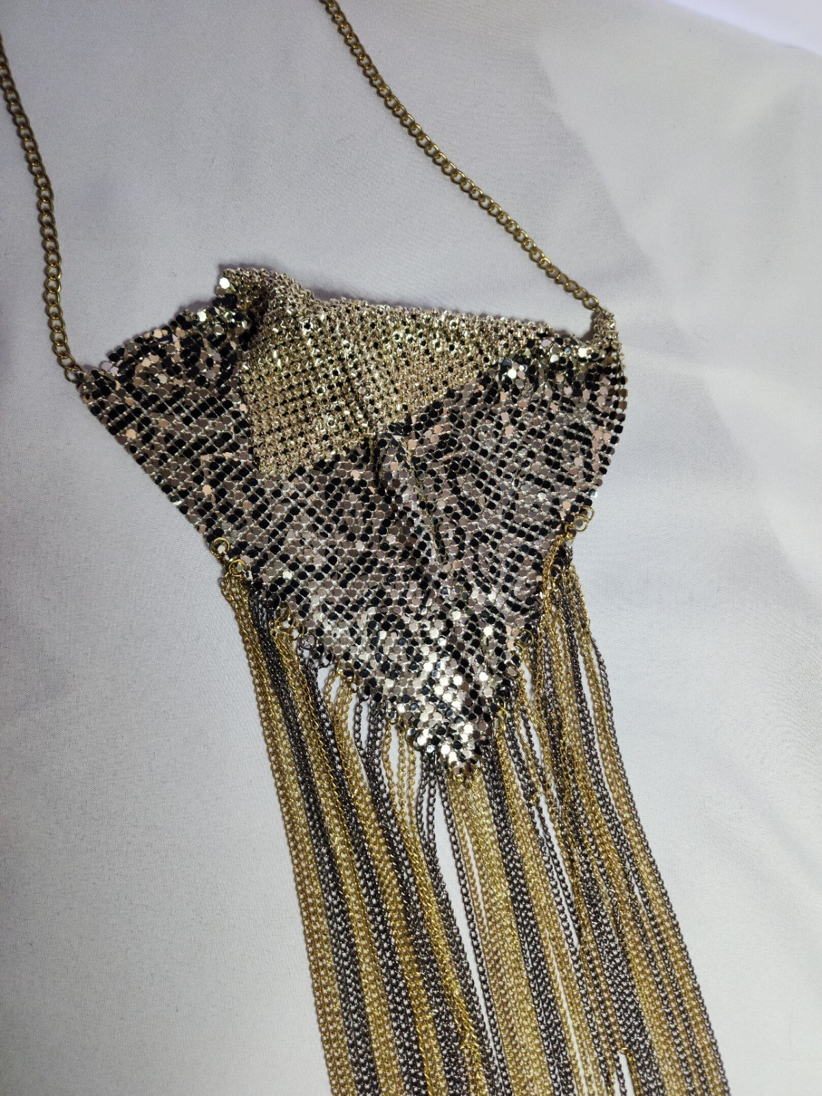 Vintage Gold tone Chainmail Fringe Leopard Statement Necklace 70s