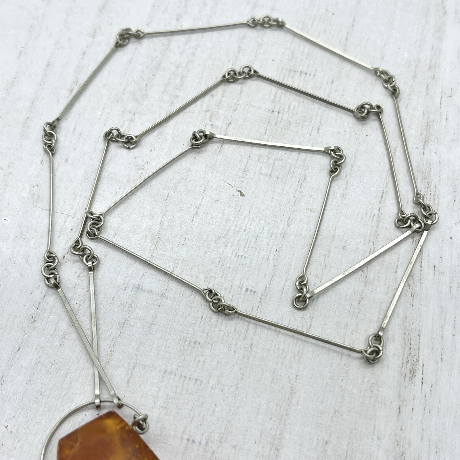 Genuine Baltic Amber Pendant Necklace Vintage Modernist Artisan Wire Chain Honey