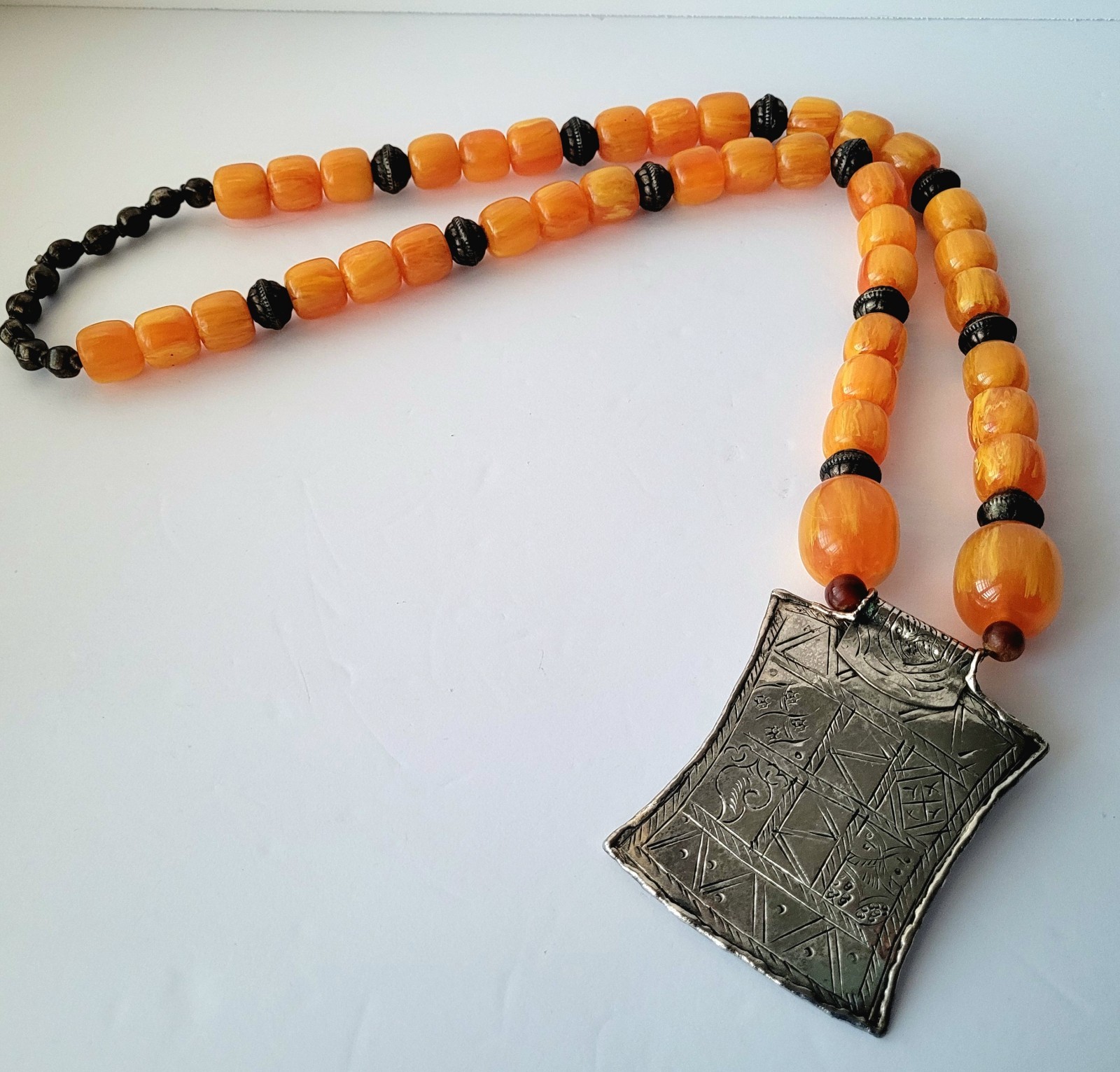 Vtg Pressed Amber Resin ? Prayer Beads Necklace Silverplate Pendant Moroccan