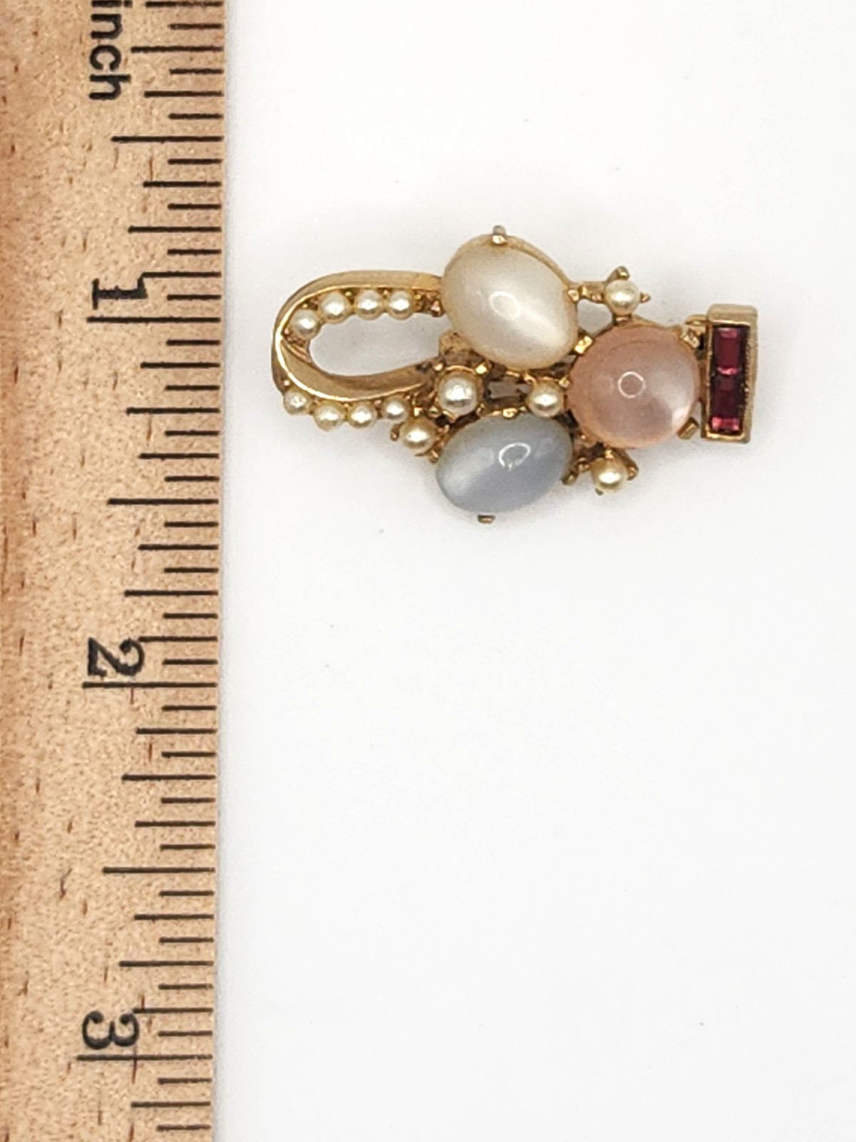 VintageGold Tone Brooch/Pin Moonstone Cabochon Faux Seed Pearls Pink Rhinestone