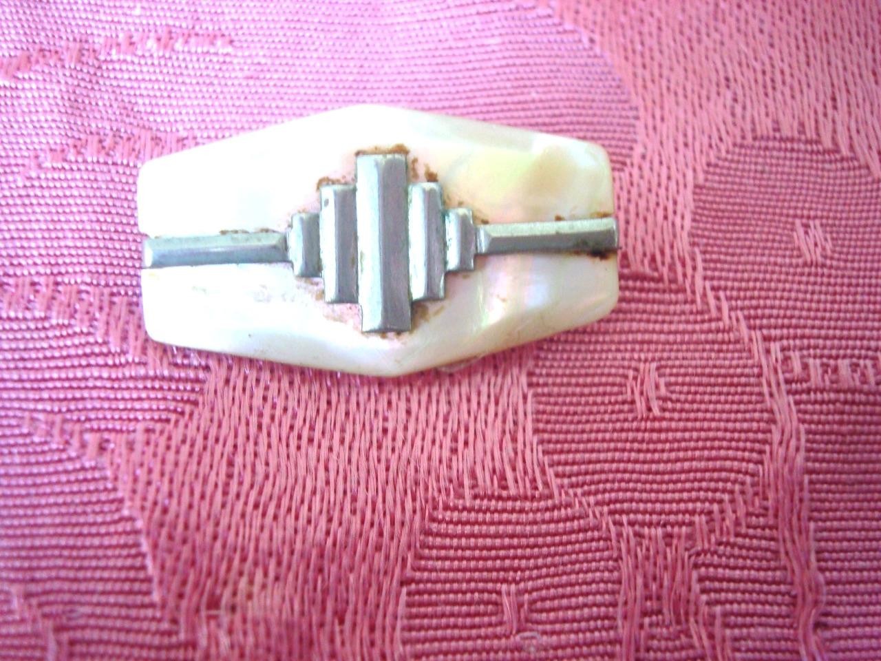 Vintage Art Deco Mother of Pearl Shell and Chrome Pin Brooch 3/4 x 1 1/4 In. KJ