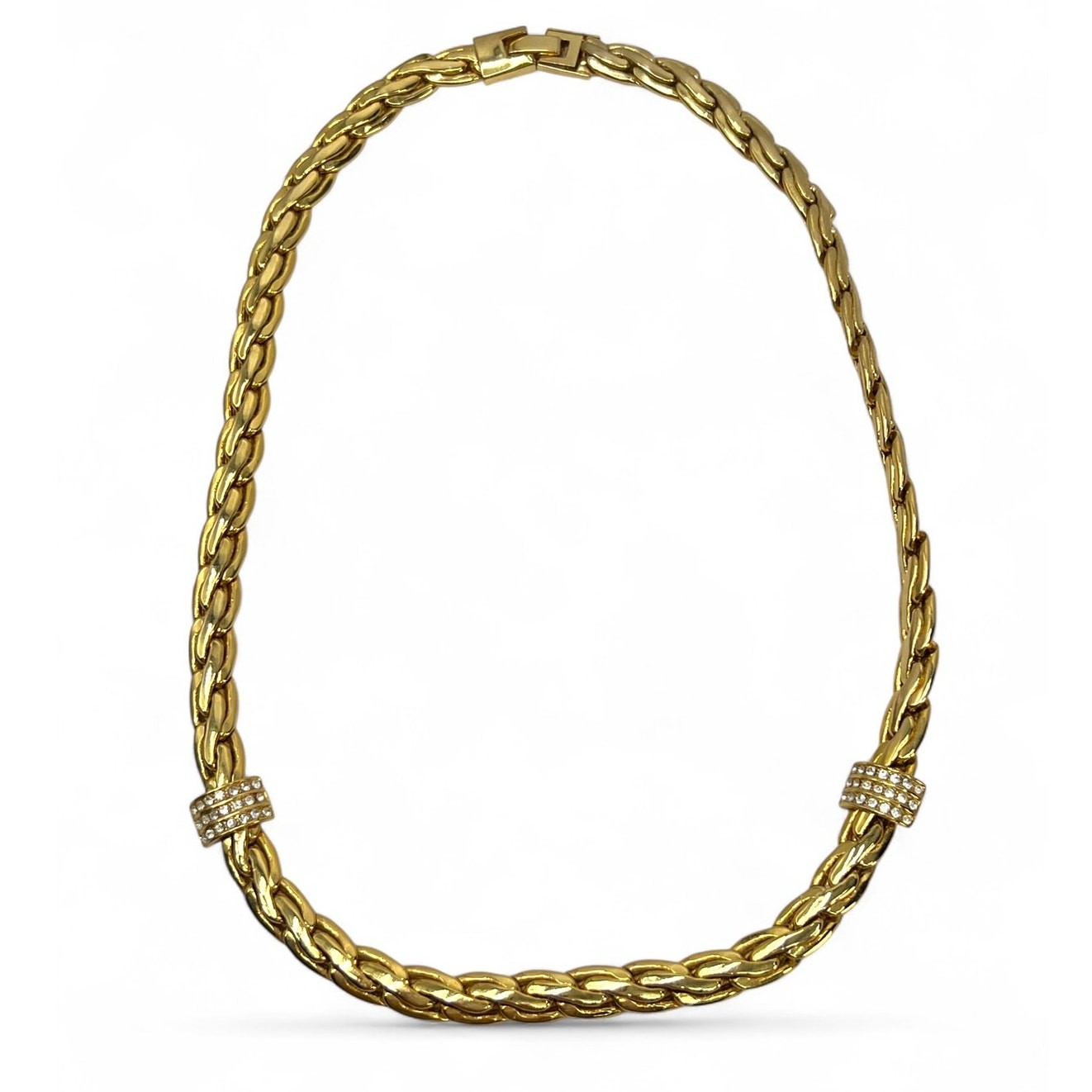 Vintage Necklace Gold Tone Plated Rope Snack Chain Crystal Rhinestone Link