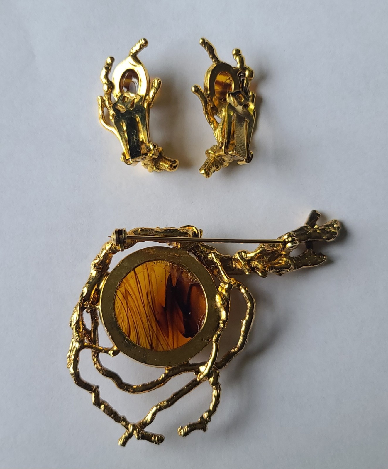 VTG Brutalist Modernist Goldtone Branches Swirl Glass Brooch Pin & Earrings Set