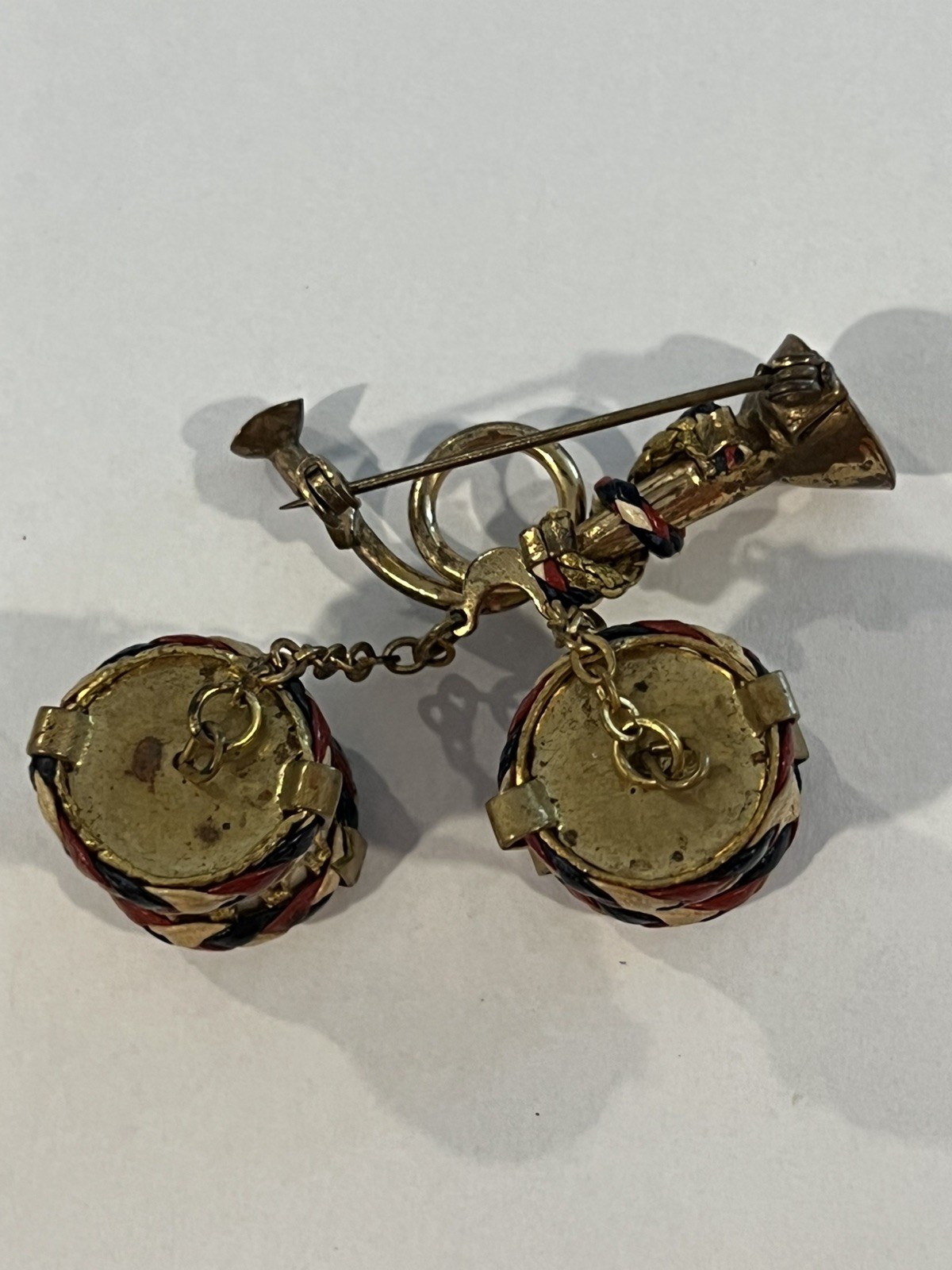 Vintage WW11 Drum & Bugle Sweetheart Pin Patriotic Red White Blue Leather Braid