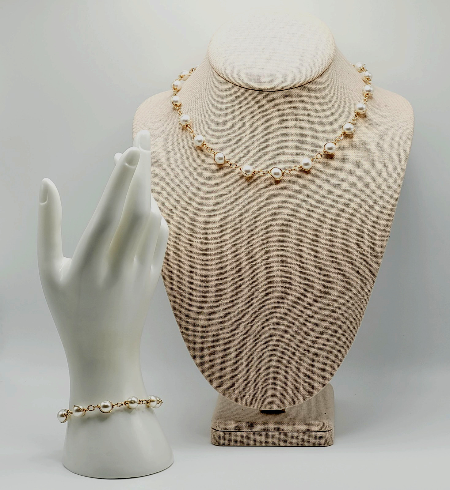 Sarah Coventry Faux Pearl Caged Style Bracelet 7.25 in Necklace 16 in Vtg Signed