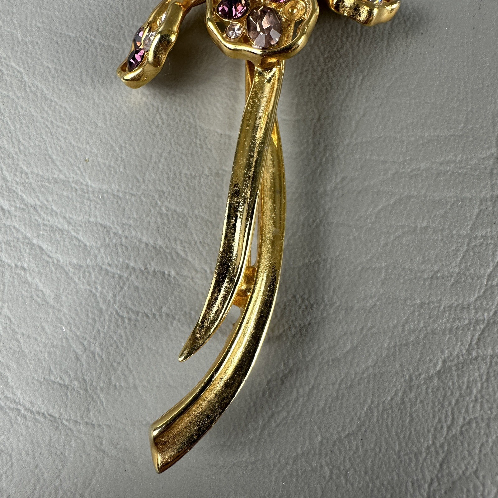 Vintage Flower Brooch Gold Tone Orchid Iris Purple Rhinestones 3.25″