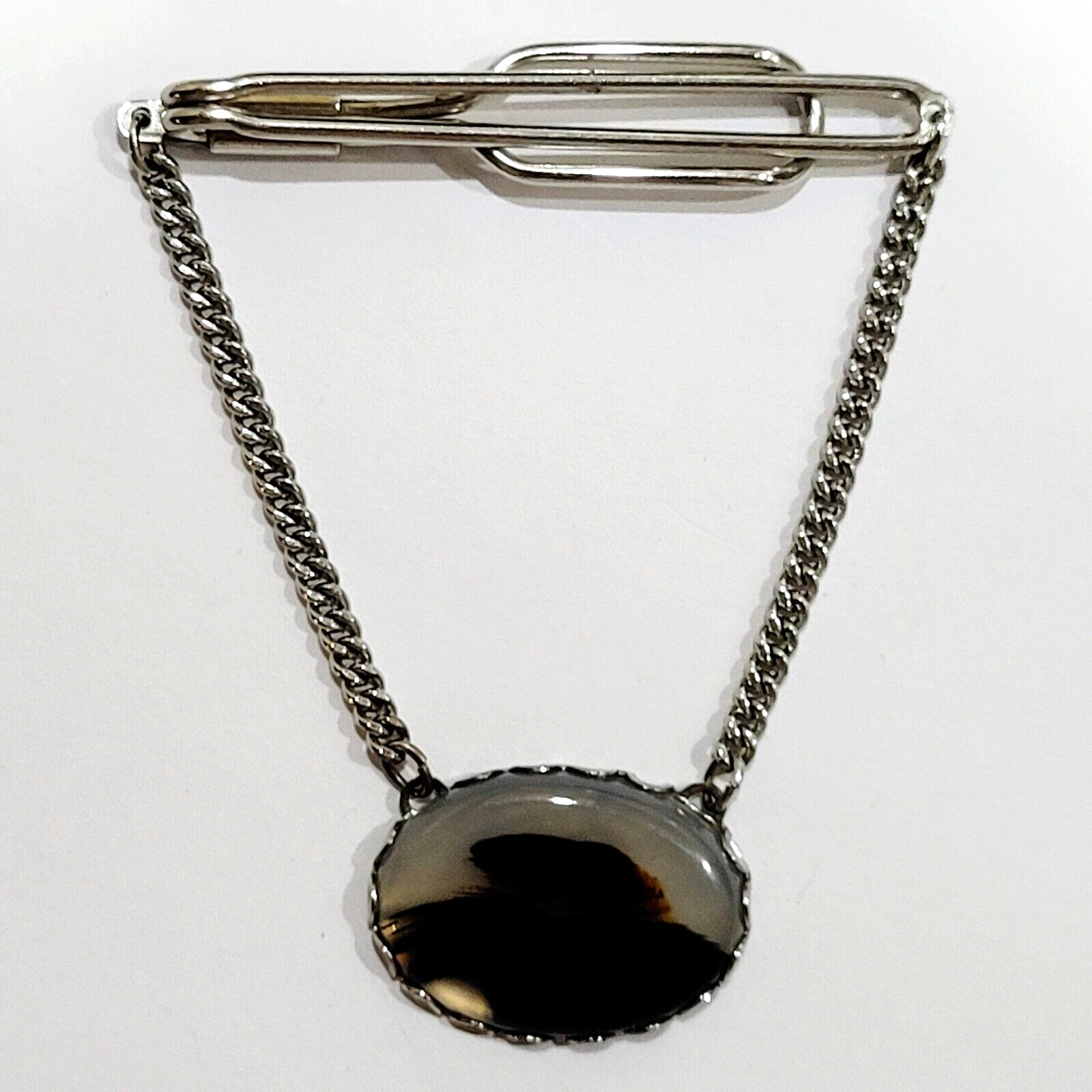 Agate Oval Cabochon Brown Shades Silver Tone Fancy Tie Bar Clip Clasp with Chain