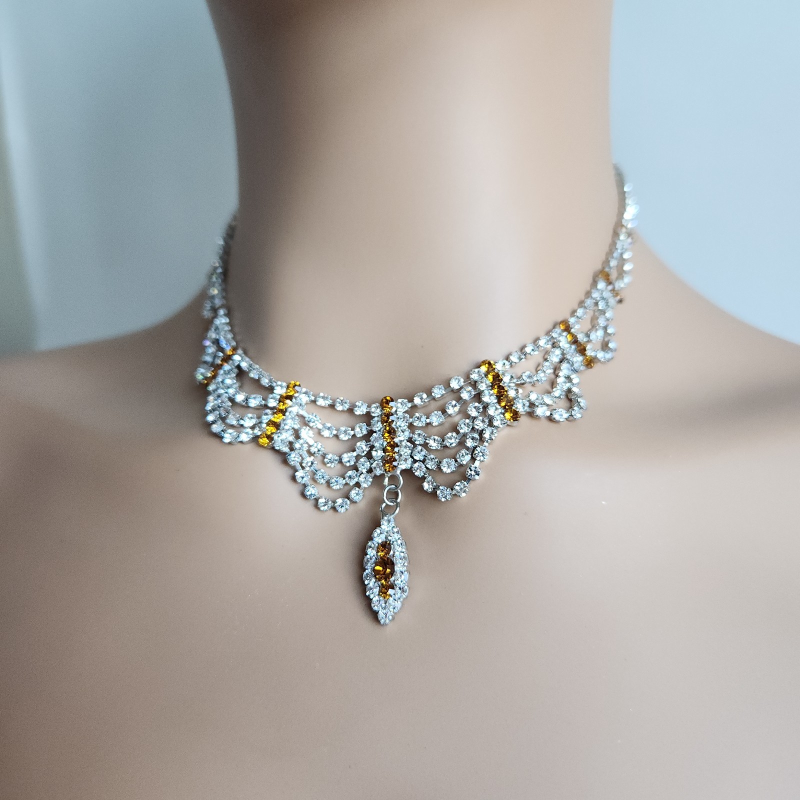 Old Hollywood Rhinestone Necklace Amber Accent Draped Bib 15–17” Silver