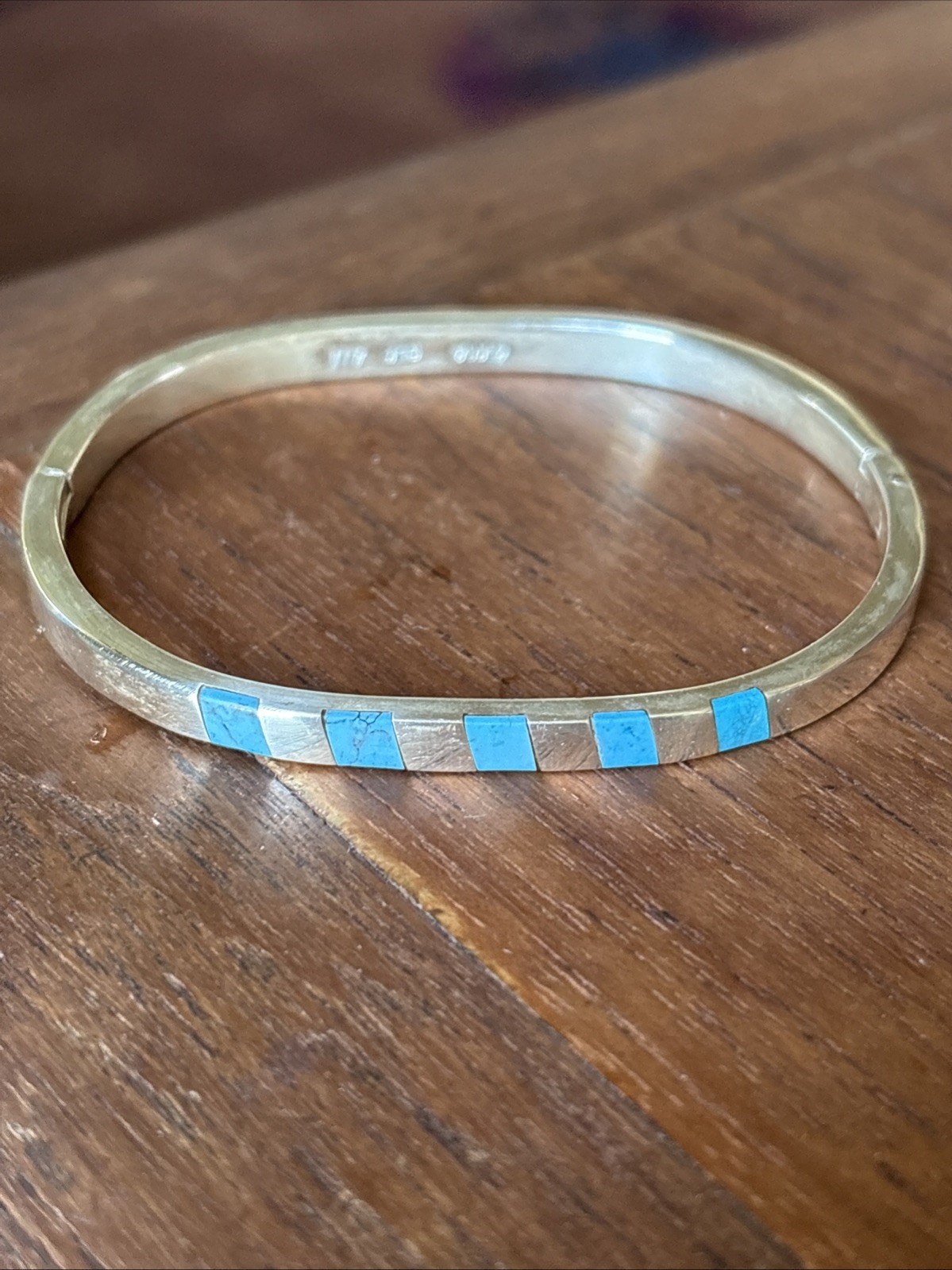 ATI Mexico 925 Sterling Silver Turquoise Hinged Bangle Bracelet Signed