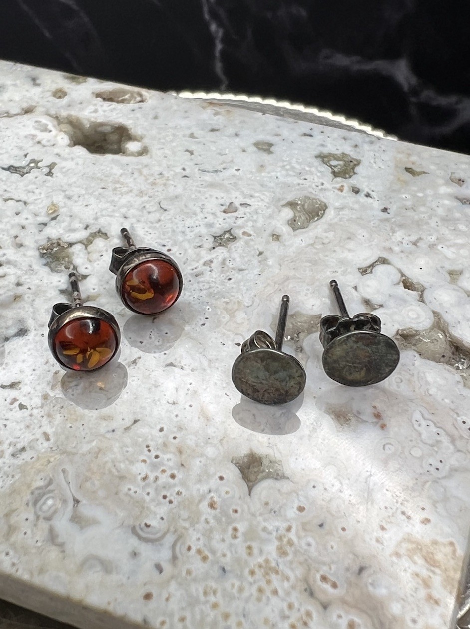 VTG 925 Sterling Silver Marcasite Heart Round Amber Stud Earrings Set