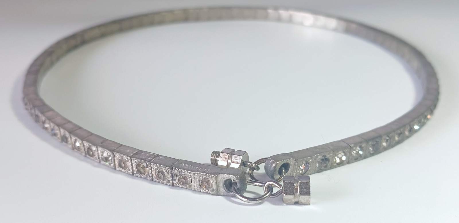 Vtg (Antique?) Silver-tone Clear Rhinestone Rigid Tennis-style Necklace 16″