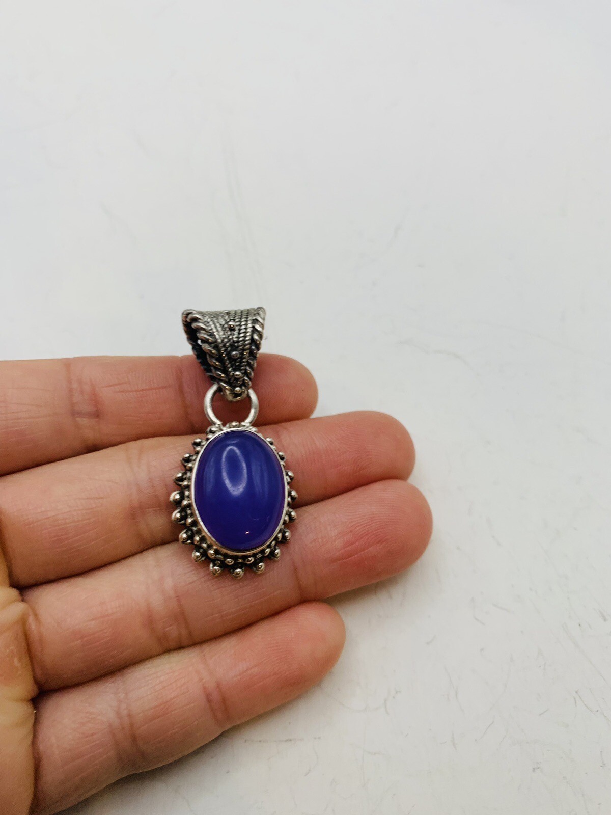 Vintage Sterling Silver Bohemian Purple Blue Oval Dainty Natural Stone Pendant