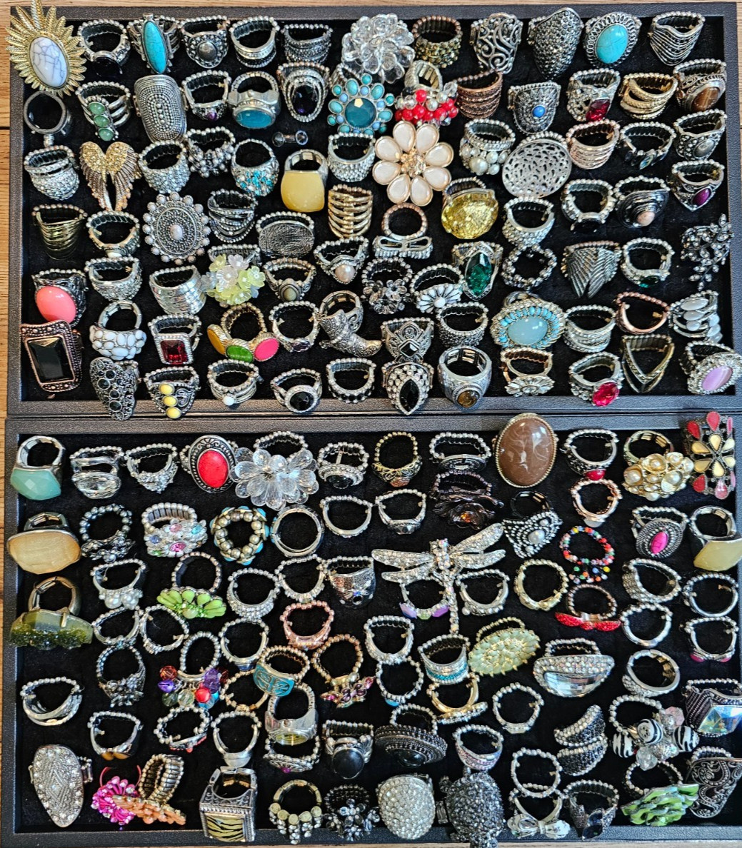 HUGE Lot of 169 Rings All Stretch Bands Rhinestone Retro Fun Colorful Bling!