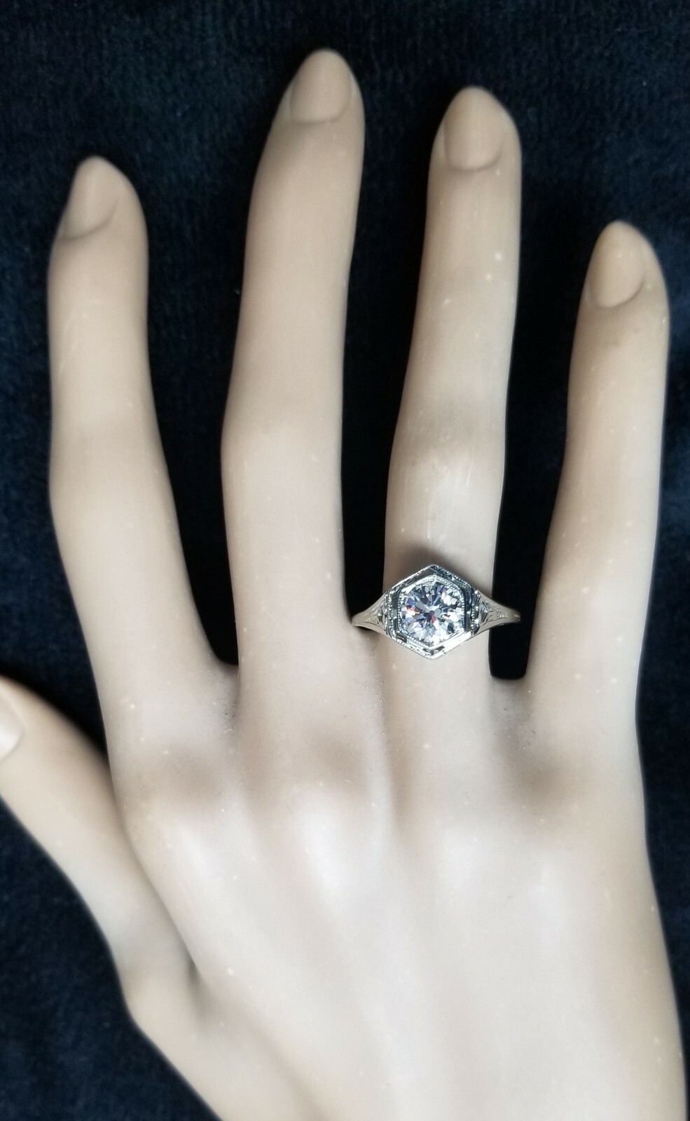 18k White Gold Vintage Engagement Ring 1.10ct.Euro Cut Round Champagne Diamond