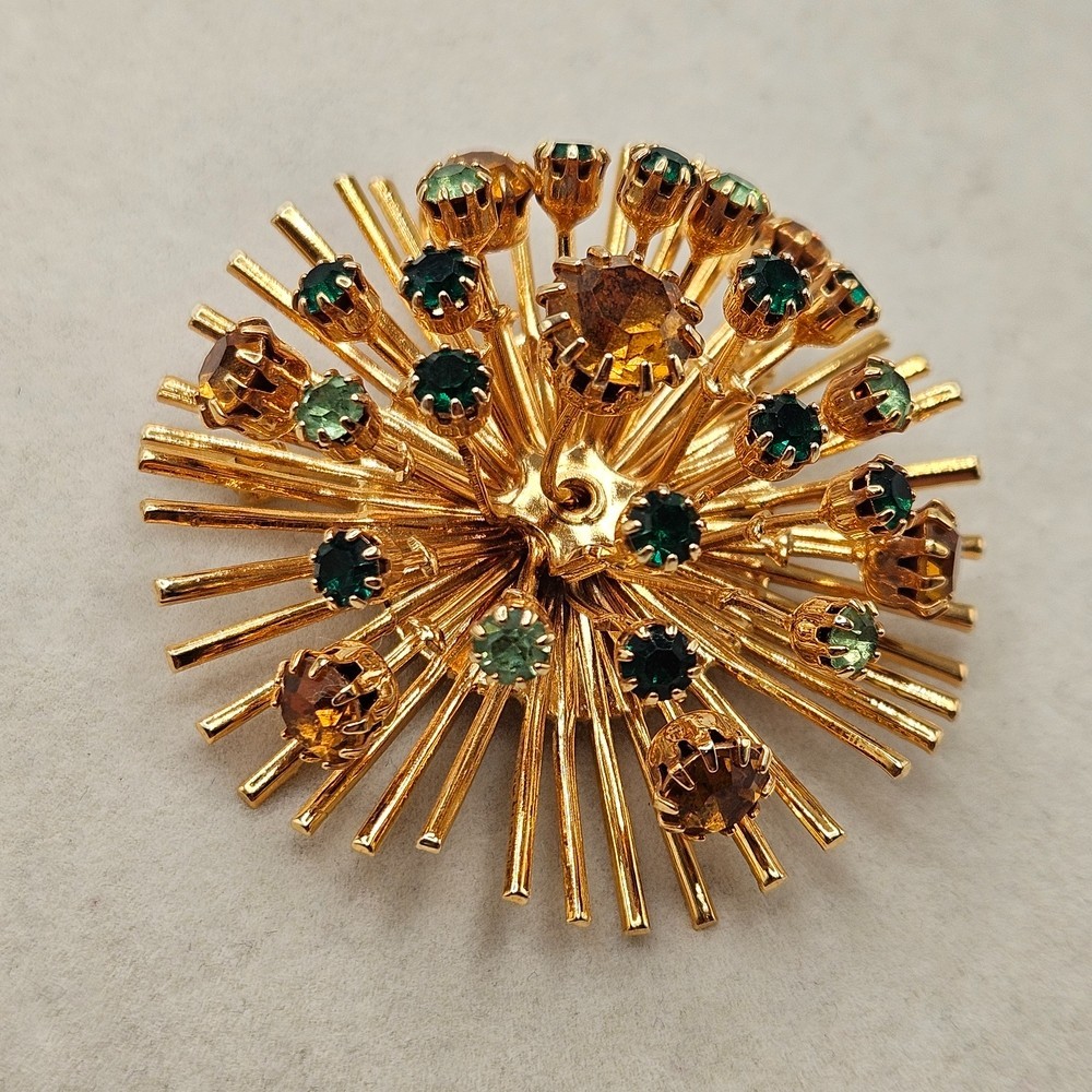 VINTAGE 3D Gold Tone Rhinestone Atomic Starburst Brooch Pin Convertible Pendant