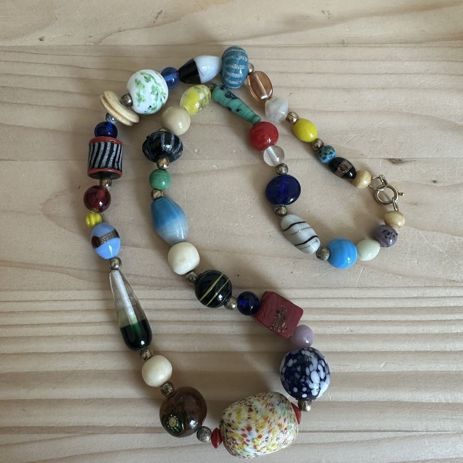 VTG Beaded Necklace 22 Inch Artisan Lamp Art Glass Multicolor Freeform Hippie