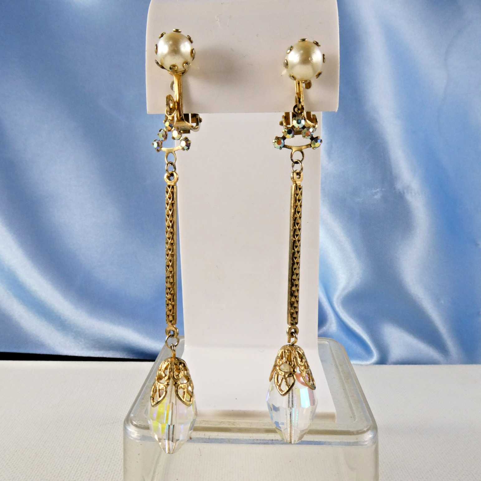 Vintage LONG Crystal Drop Dangle Earrings Clip On AB Glass Gold Tone