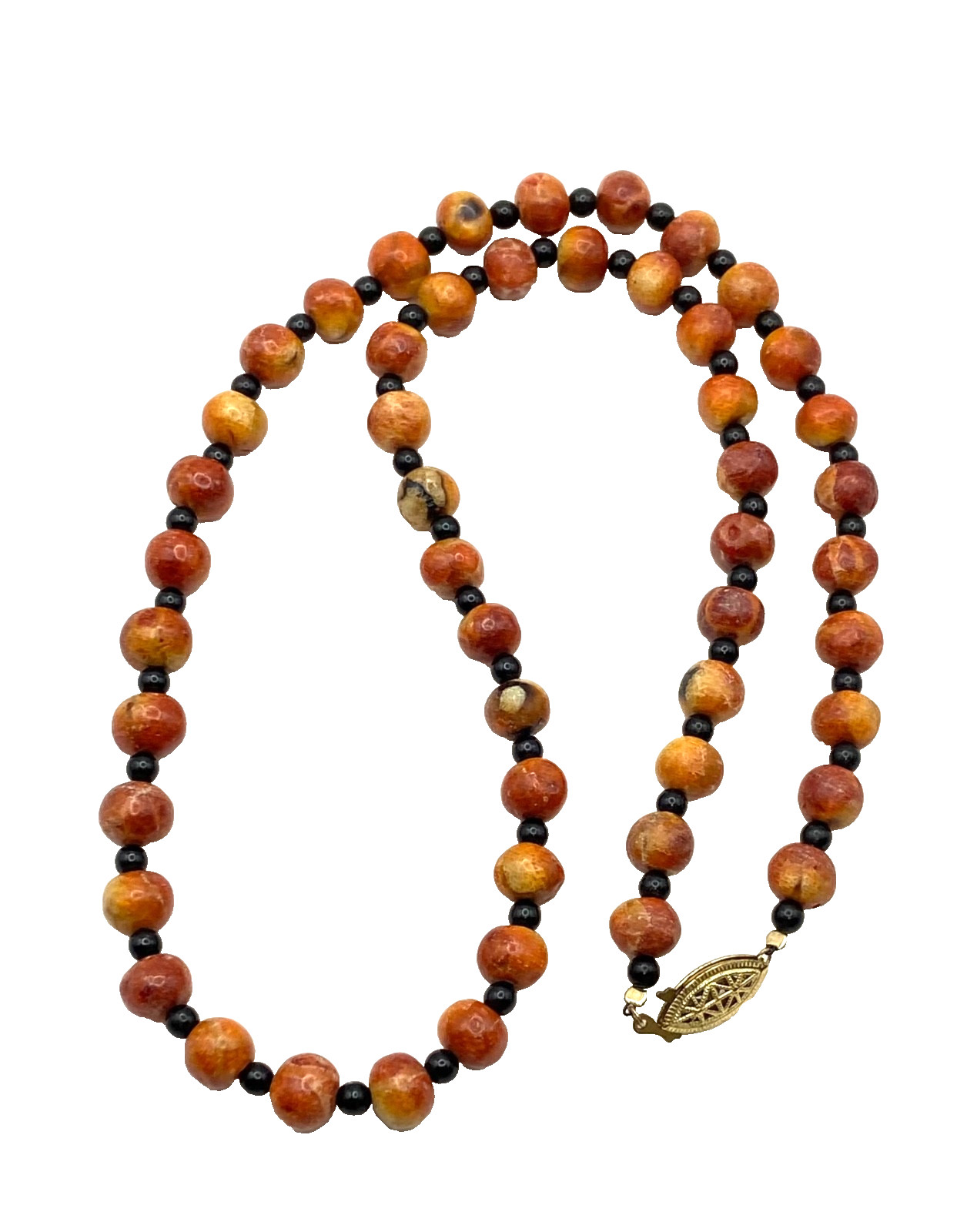 Vintage Apple Sponge Coral Red/Orange Beaded Necklace Black Agate? Gold Tone 24″