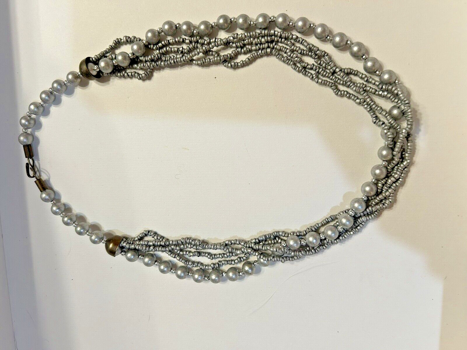 Vintage Multi Strand Silver Gray Pearl and Seed Bead Necklace N5