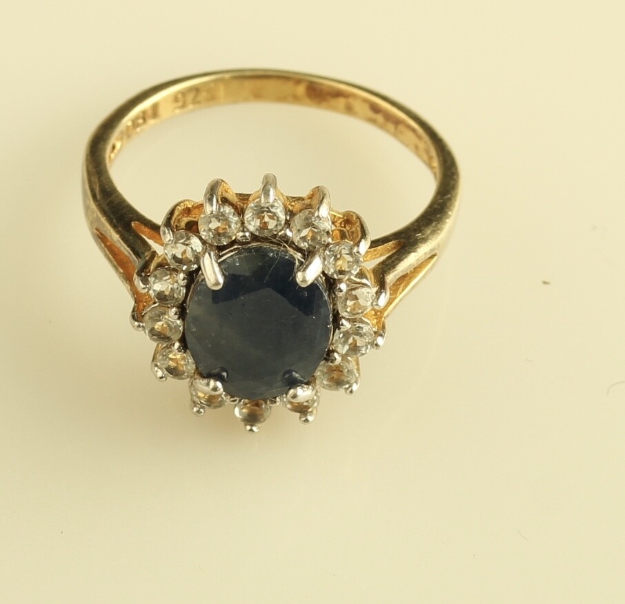 DBJ Sterling Silver Vermeil Genuine Sapphire and Diamond cocktail Ring