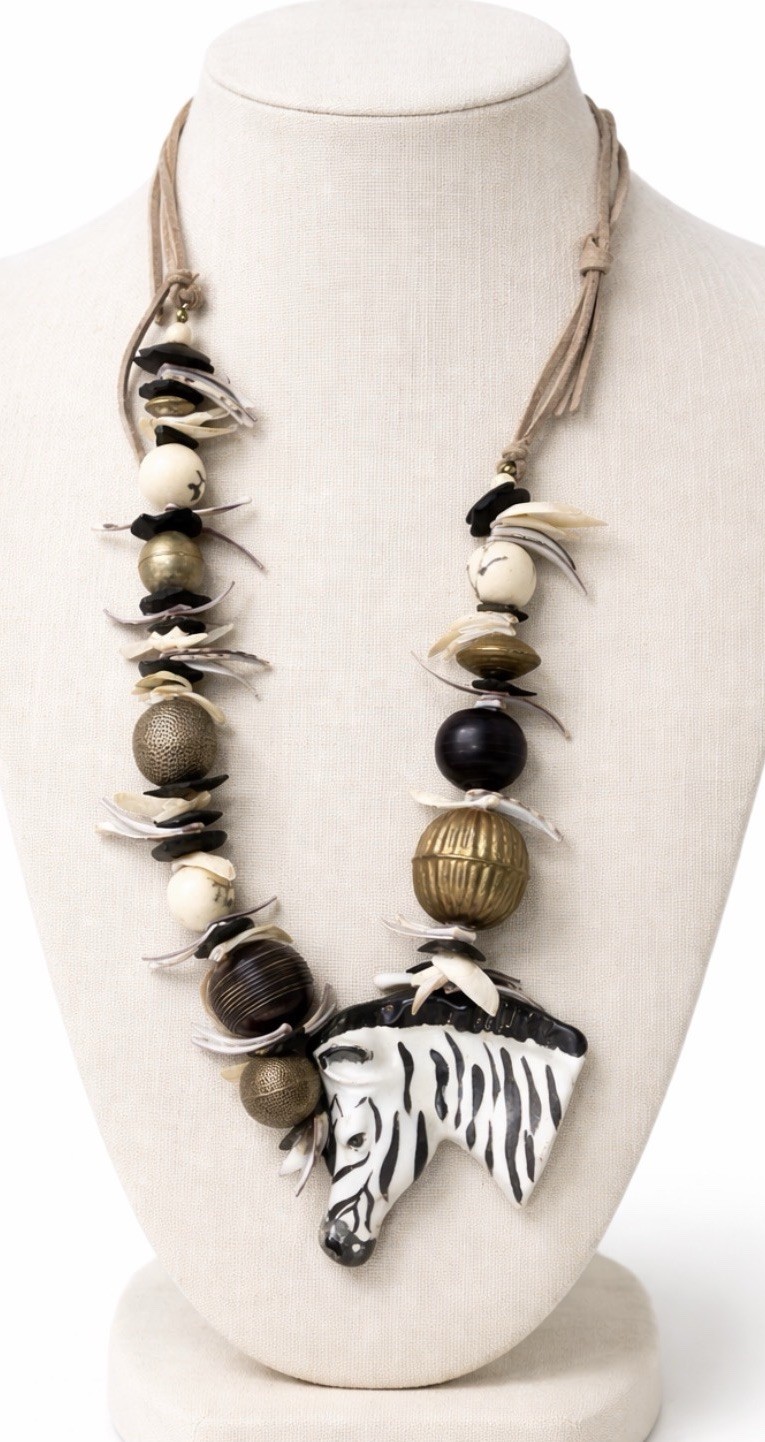 Boho Tribal Zebra Necklace Safari Statement Beaded Suede Cord Adjustable Chunky