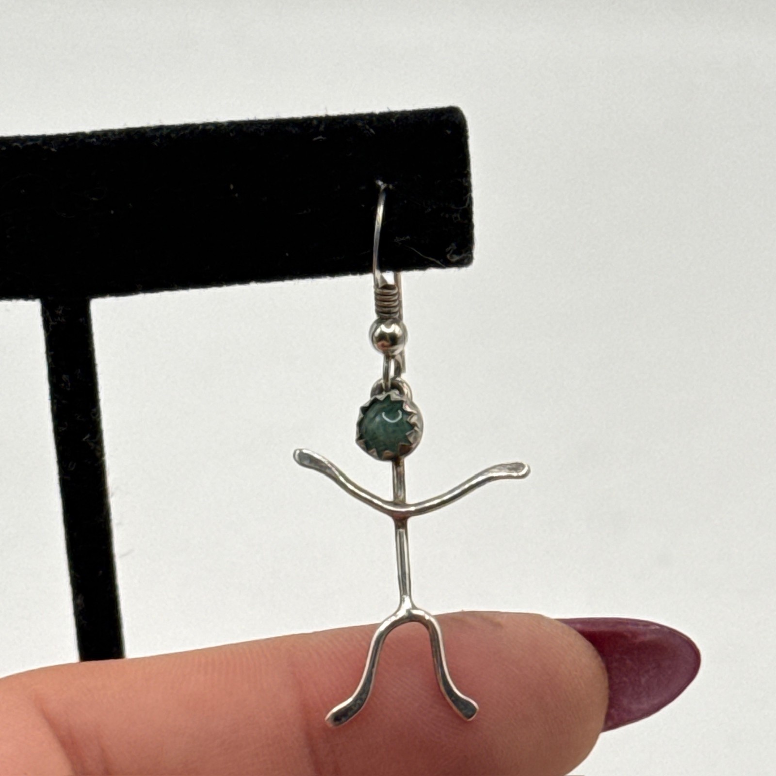 Vintage Artisan Sterling Silver Stick Figure Dangle Earrings Gemstone Heads Cool