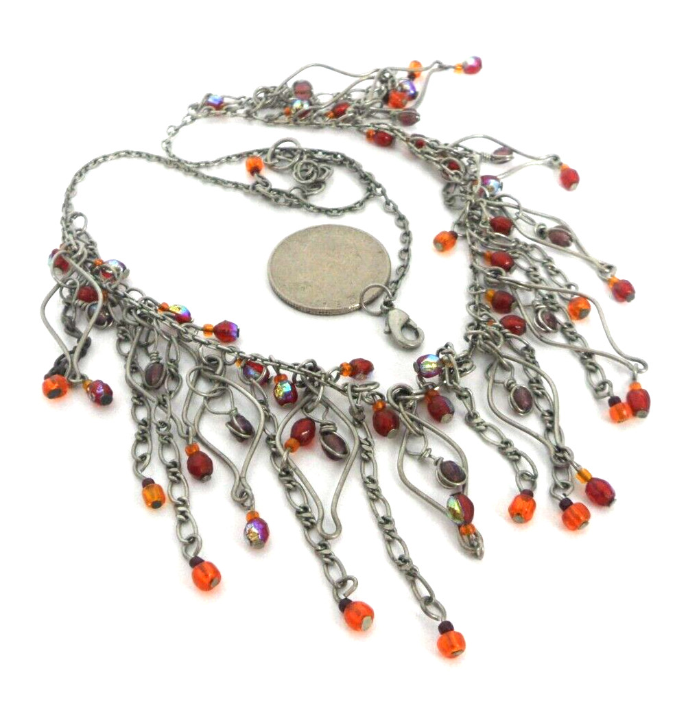 Beaded Bib Necklace Figaro Chain Fringe Marquise Shaped Wire Motifs Gypsy Boho