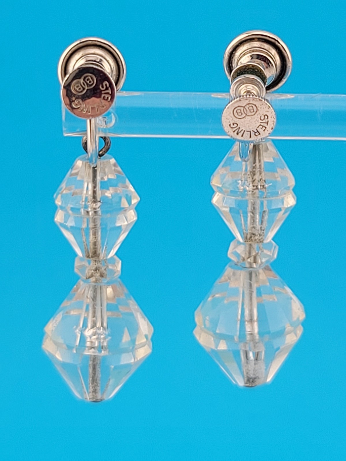Signed BB Faceted Rock Quartz Crystal Bead Sterling Silver Chandelier Earrings