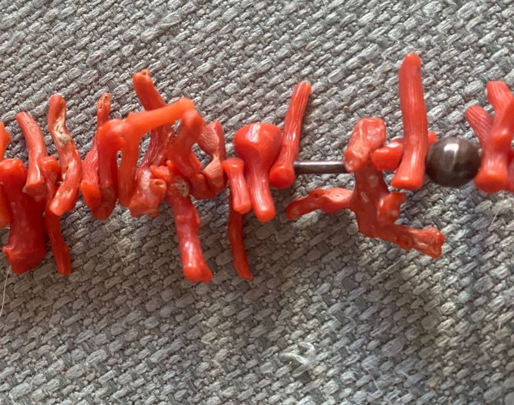 Vintage 1970’s Natural Branch Red Coral Necklace w Silver? Metal Beads 18″