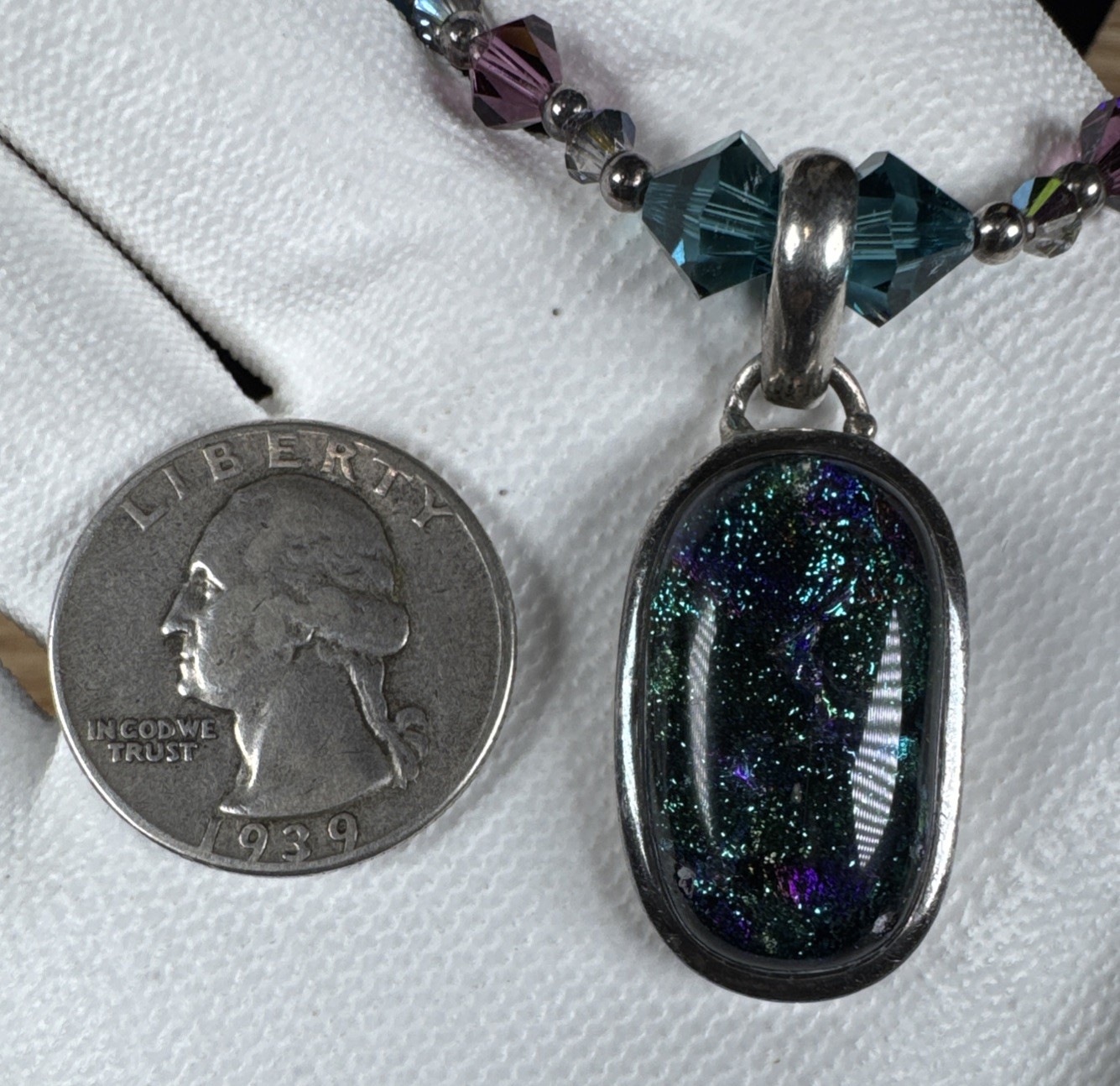 ✨Vintage Dichroic Glass 925 Sterling Silver Beaded Necklace 18” Toggle Closure