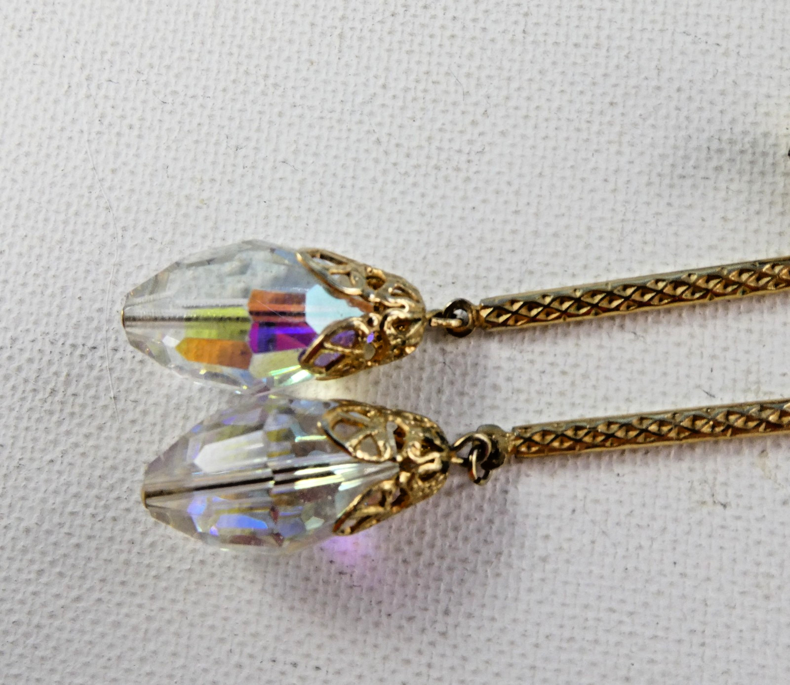 Vintage LONG Crystal Drop Dangle Earrings Clip On AB Glass Gold Tone