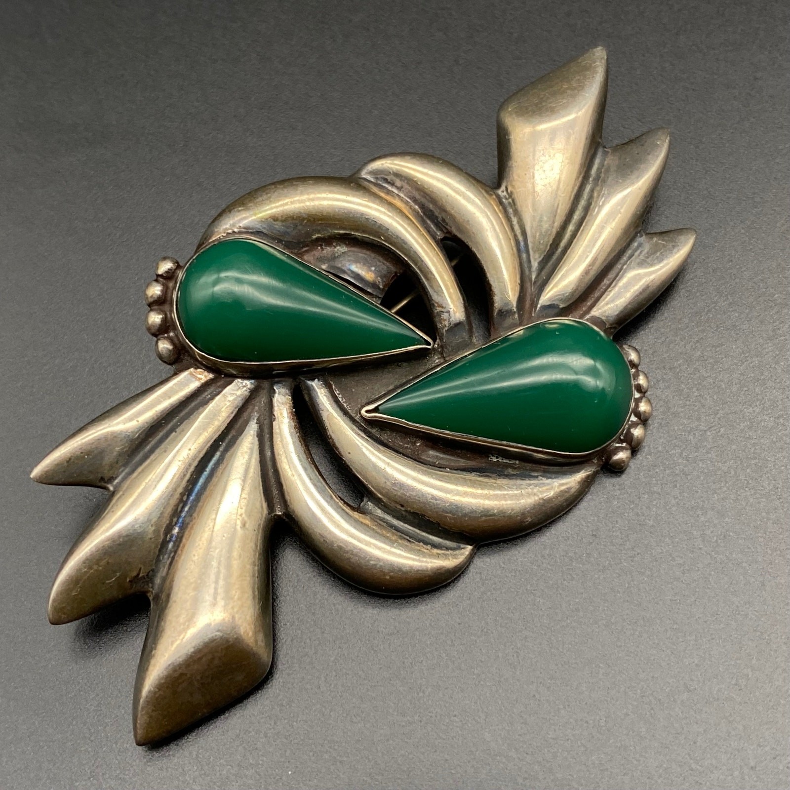 Vintage Mexico Green Onyx Sterling Silver Pin Brooch