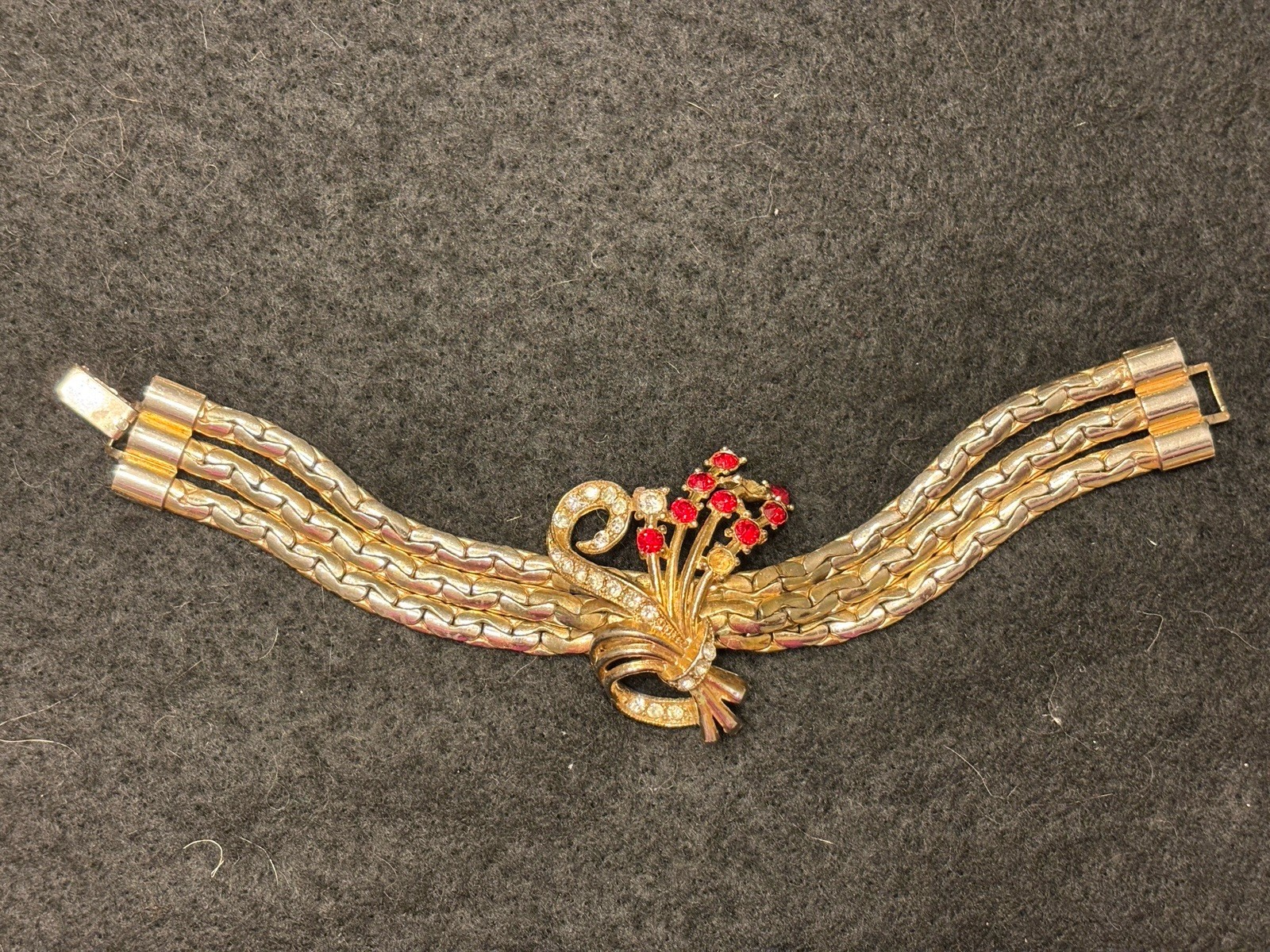 RARE VTG CORO? GOLD TONE CRYSTAL RHINESTONE BOUQUET TRIPLE ROW BRACELET *43.6 g