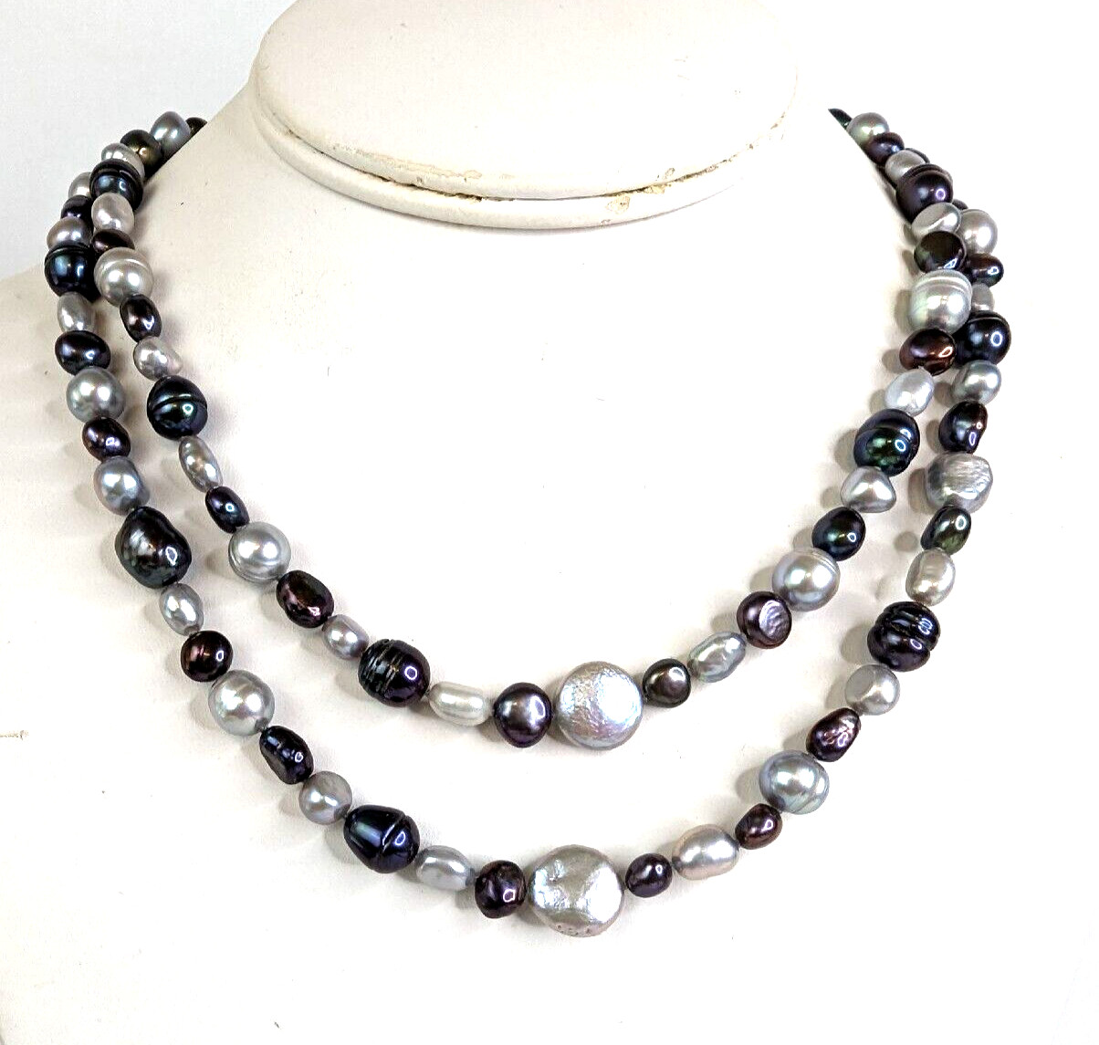 Genuine Baroque Pearl Black Peacock Luster and Silver Gray Necklace 36″ Stunning