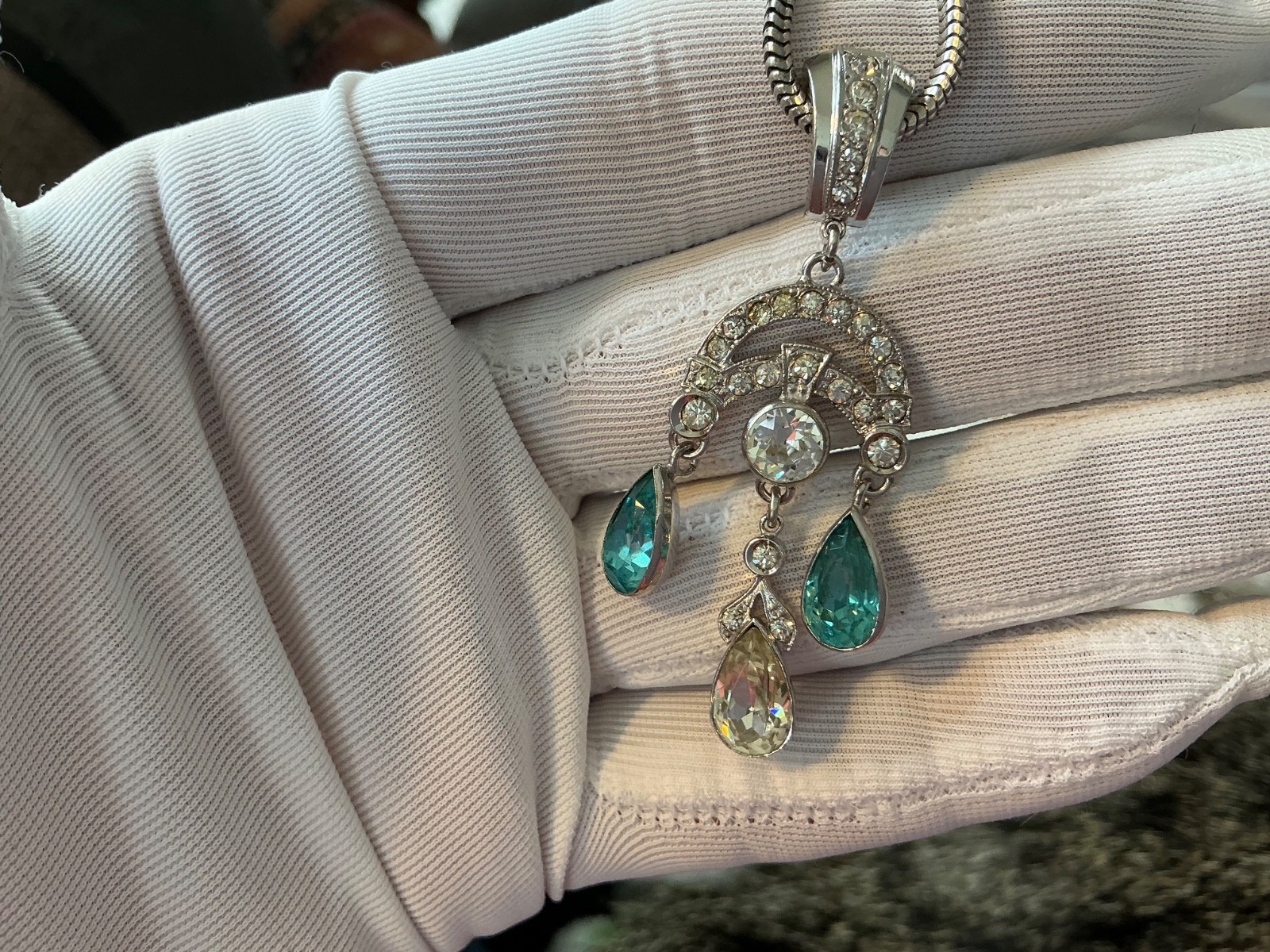 GORGEOUS Edwardian Sterling Silver Blue Crystal Pendant Drop Necklace 16″ Long