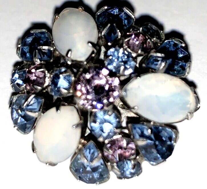 Silver Tone Faceted Purple and Blue Rhinestone Pin 3 White Oval Stones Brooch