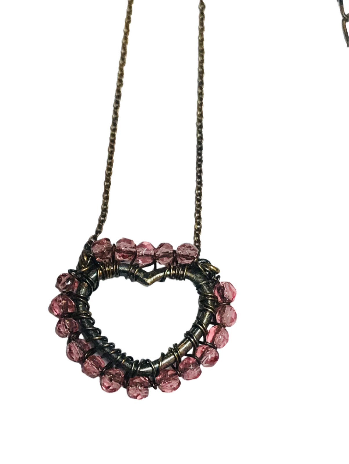 Vintage Antique Gold Tone Wire Wrapped Pink Beads Heart Pendant Necklace 19.5”