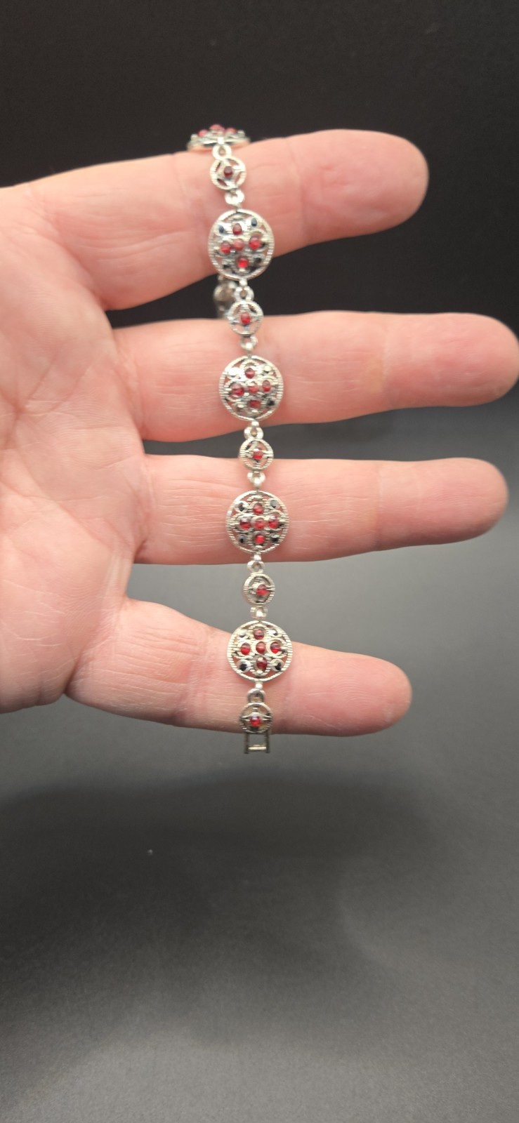 Vintage Monet Silver Tone Bracelet With Red & Black Stones 7 1/4″
