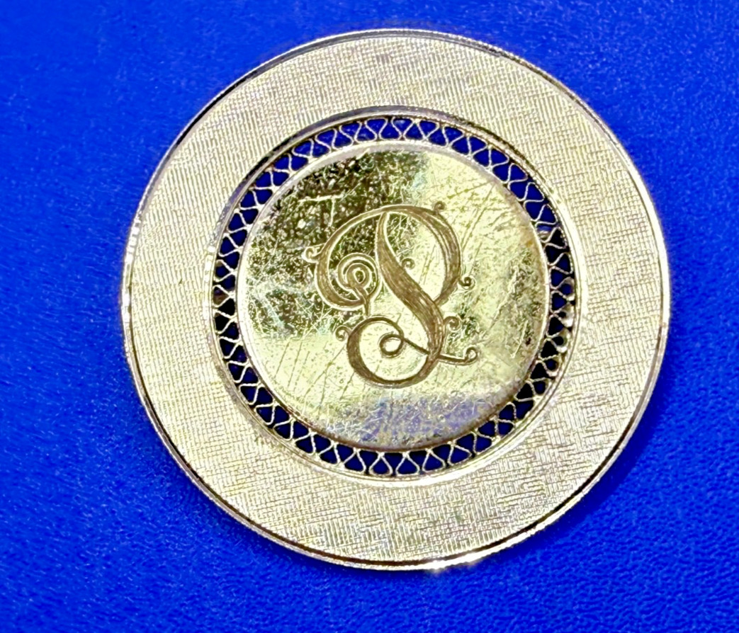 Initial Letter P ? Calligraphy On Vintage Sterling Silver Round Disc Brooch