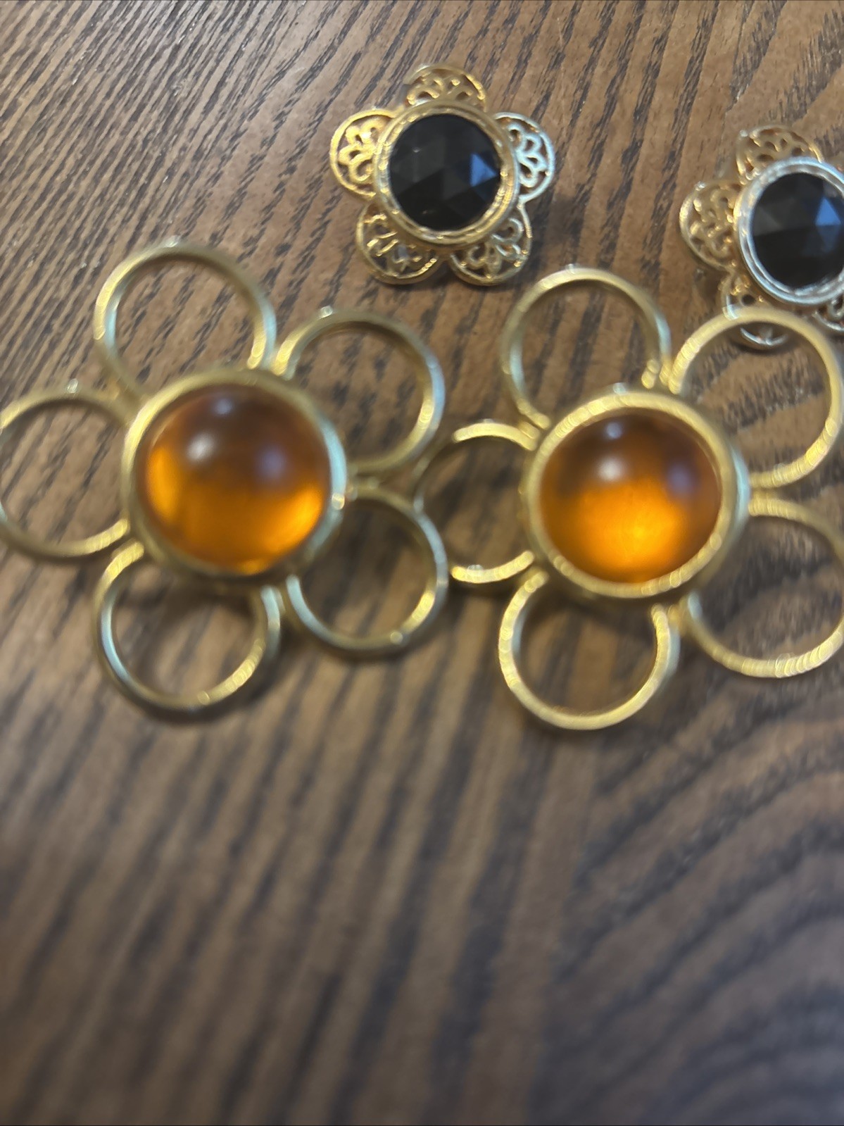Vintage Earrings Lot 5 pairs Orange Black And Wood Gold Tone 3 Post 1 Clip On