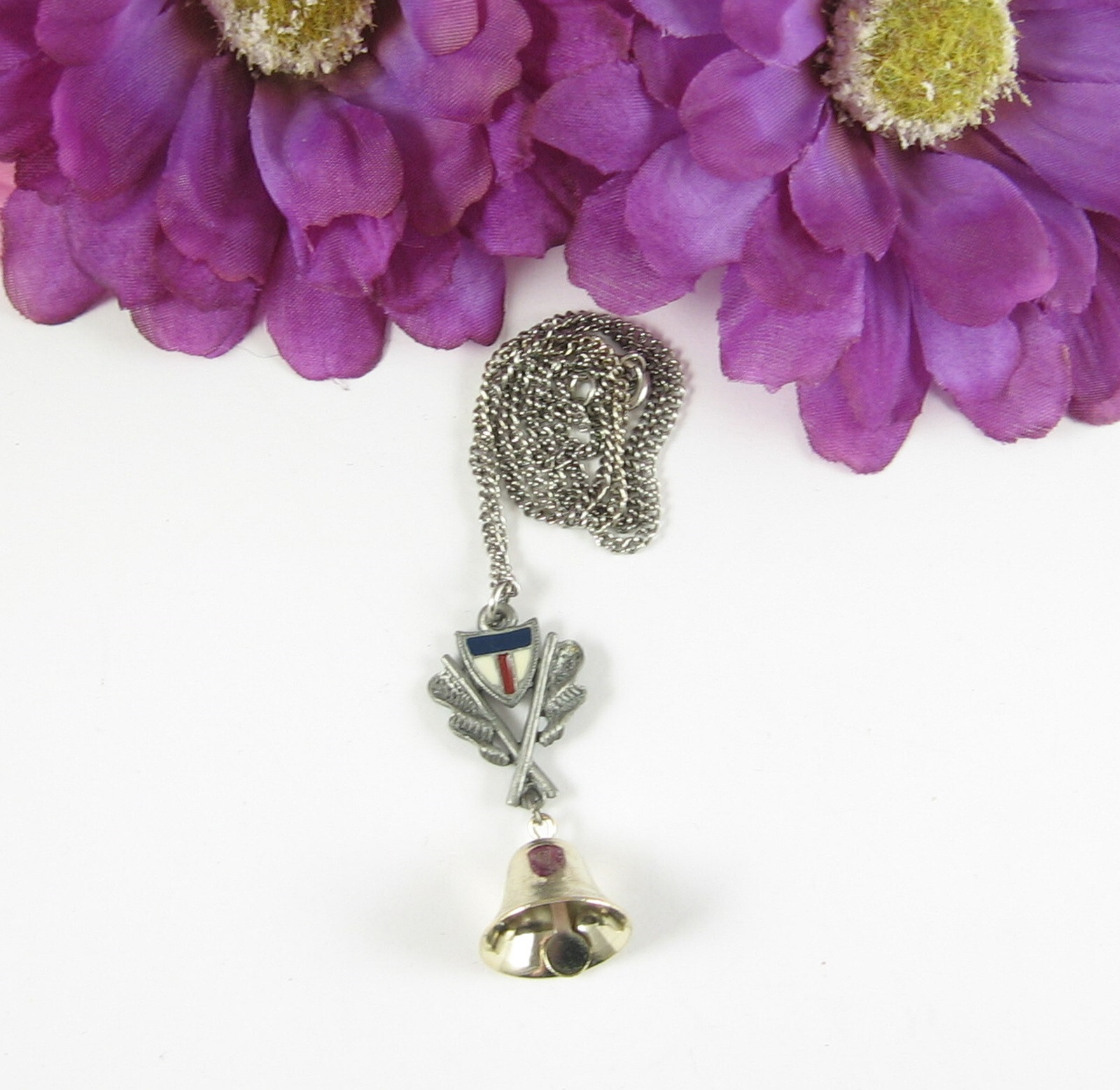 Red White Blue Enamel SHIELD Pewter Pendant Vintage Necklace Silvertone BELL ART