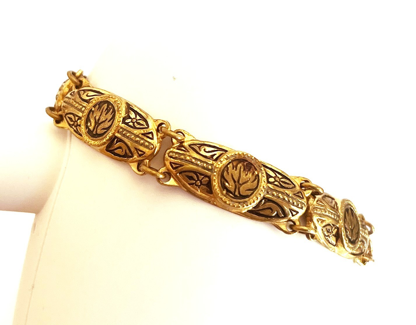 Vintage Damascene Floral Enameled Gold Tone Bracelet 7.25 inches Embossed Spain