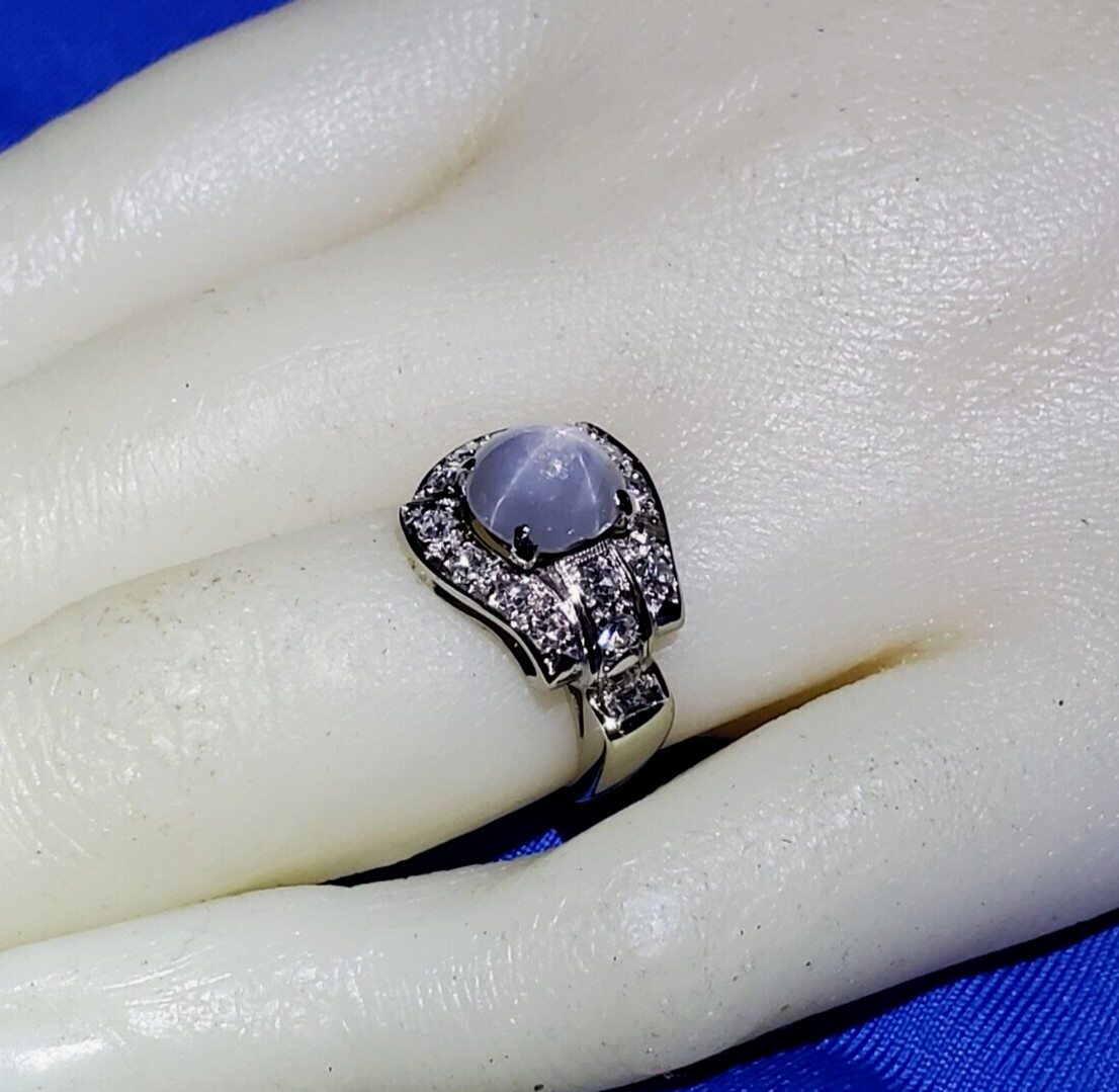 EARTH MINED STAR SAPPHIRE DIAMOND ART Deco Engagement Ring SOLID 14K WHITE GOLD