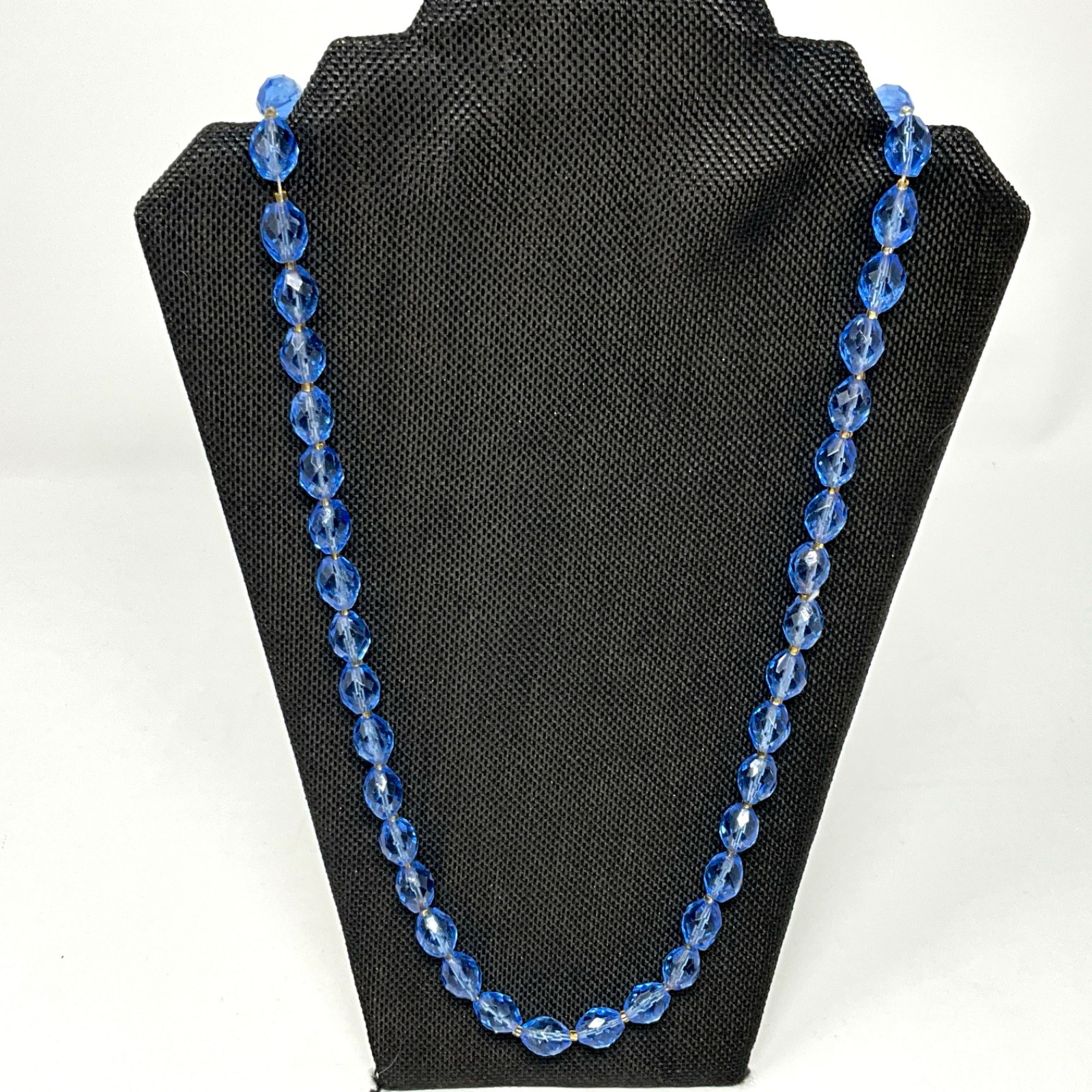 Vintage 20″ Faceted Blue Glass Bead Necklace and Dangle Clip Earrings Set